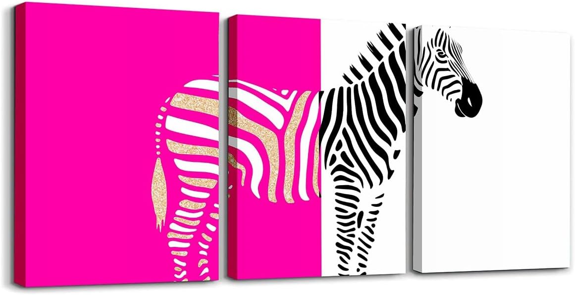 jejeloiu Hot Pink Zebra Canvas Wall Art for Living Room Bedroom Animal Print Painting Decor Geometric Kids Boys Girls Picture Artwork Abstract Art Posters Prints 12"x16"x 3Pcs