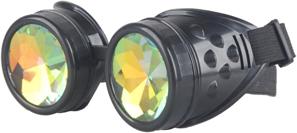 FUT Festivals Chrome Vintage Frame Steamopunk Goggles, Kaleidoscope Rainbow Crystal Lenses