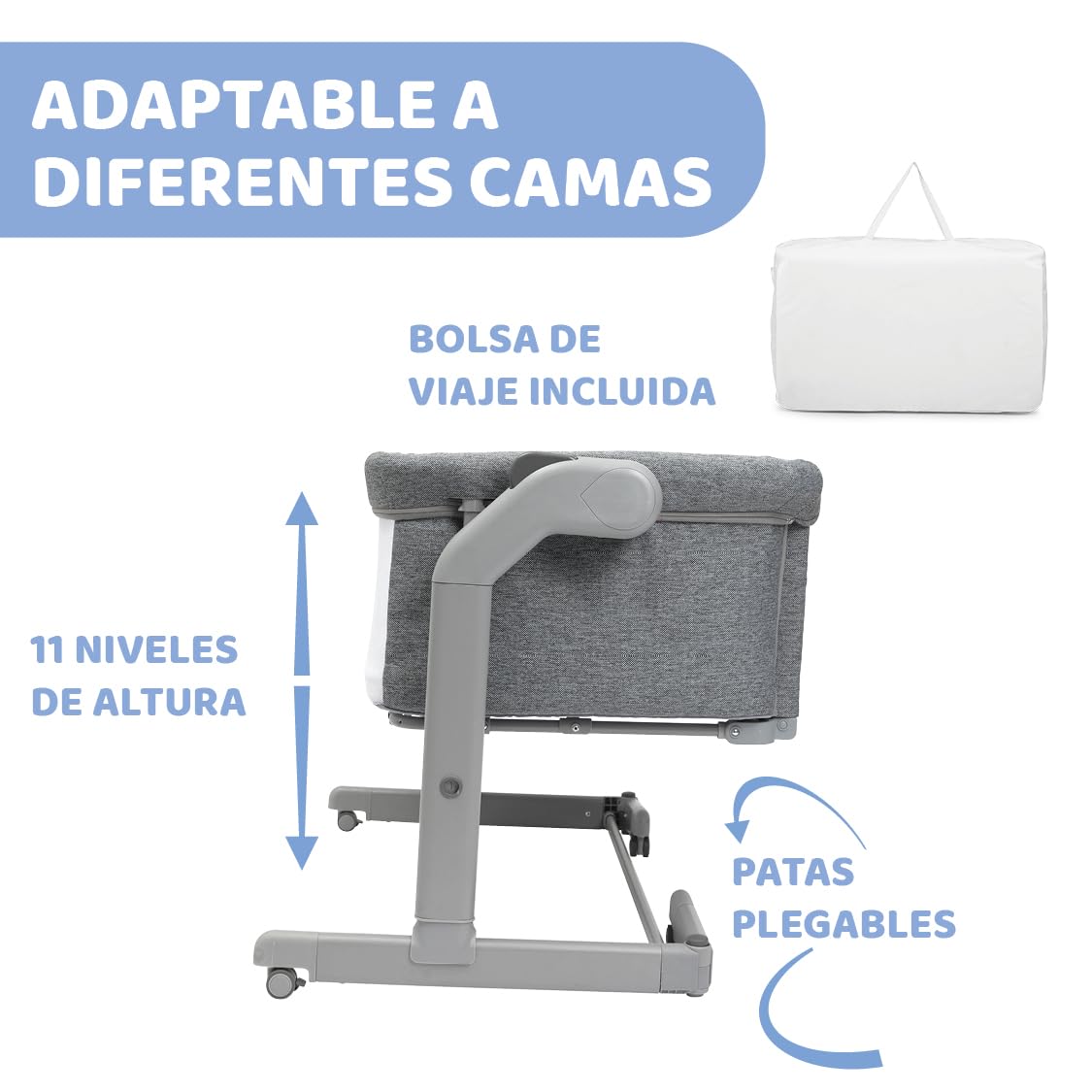Chicco Next2Me Magic EVO Cuna Bebé Lado de la Cama, con Modo Mecedora, Inclinable, Barandilla Abatible, Altura Ajustable, 4 Ruedas, Colchón y Bolsa de Viaje Incluidos, Gris Oscuro