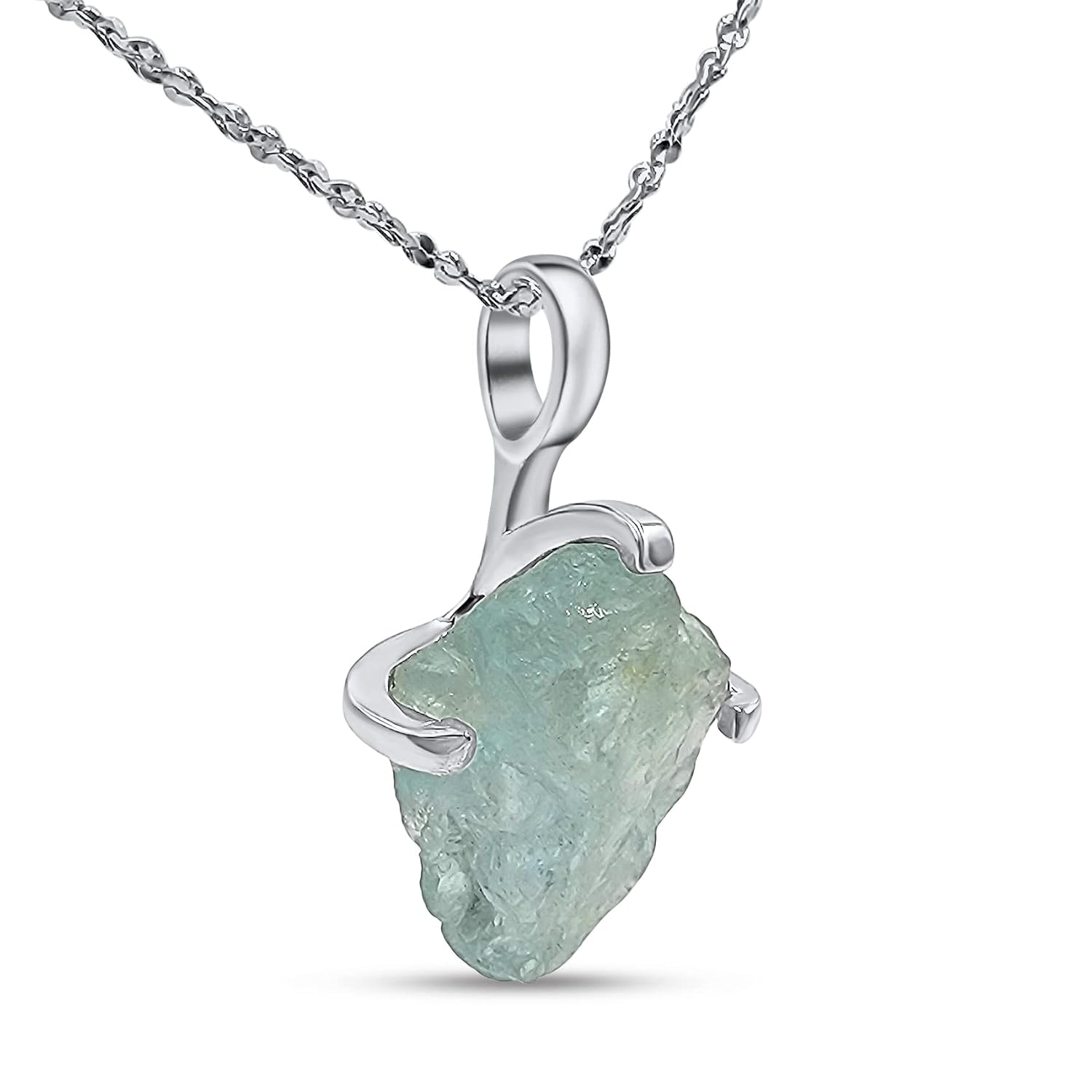 Natural raw aquamarine pendant chain necklace with white gold over 925 solid sterling silver, birthstone dainty solitaire gift for her, uniquelan jewelry (aquamarine)