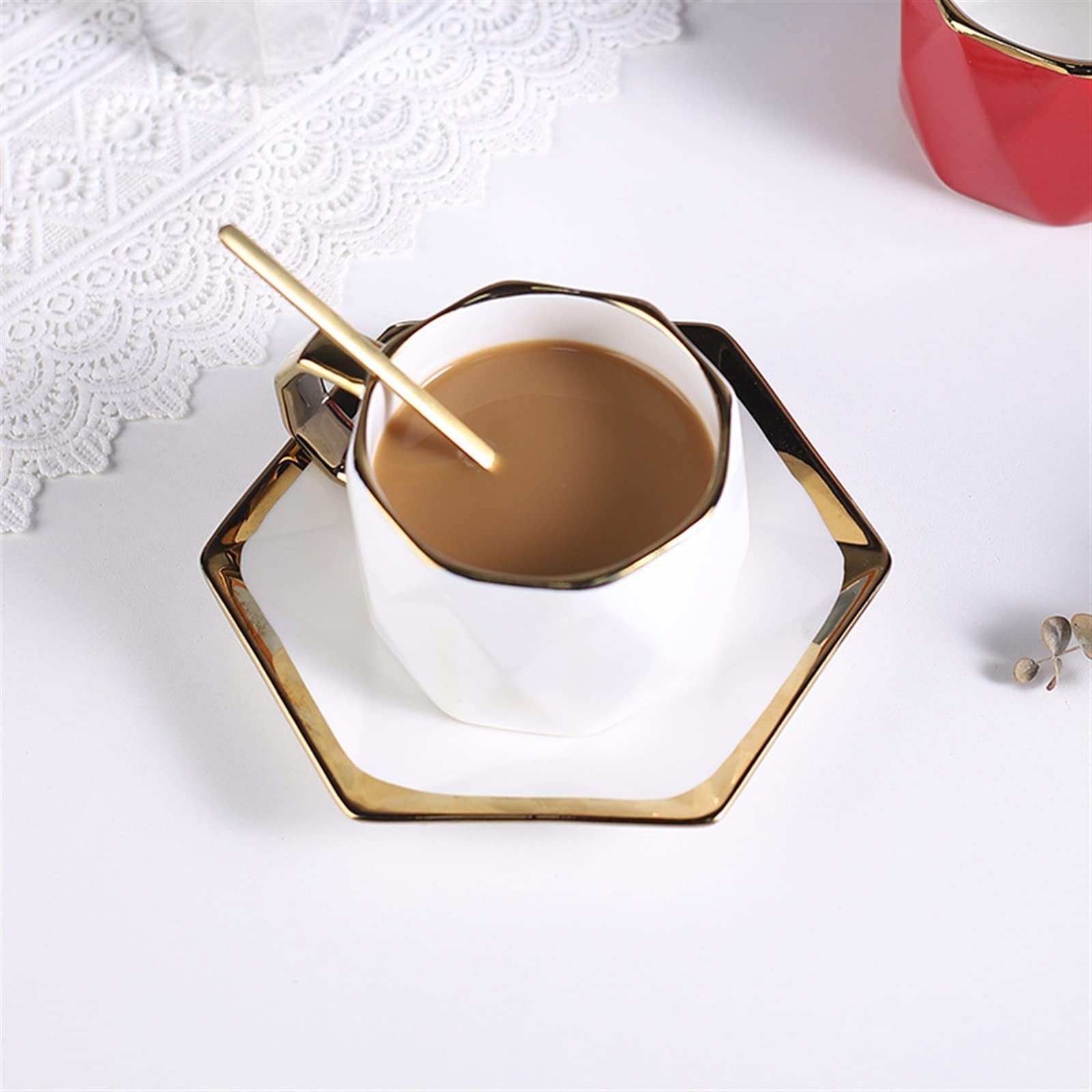 Taza de café de Viaje, Taza de café de cerámica con Lado Dorado Simple con Plato de Postre, Juego de Tazas de té de la Tarde, Taza de Desayuno, Regalos para papá y mamá (Verde)