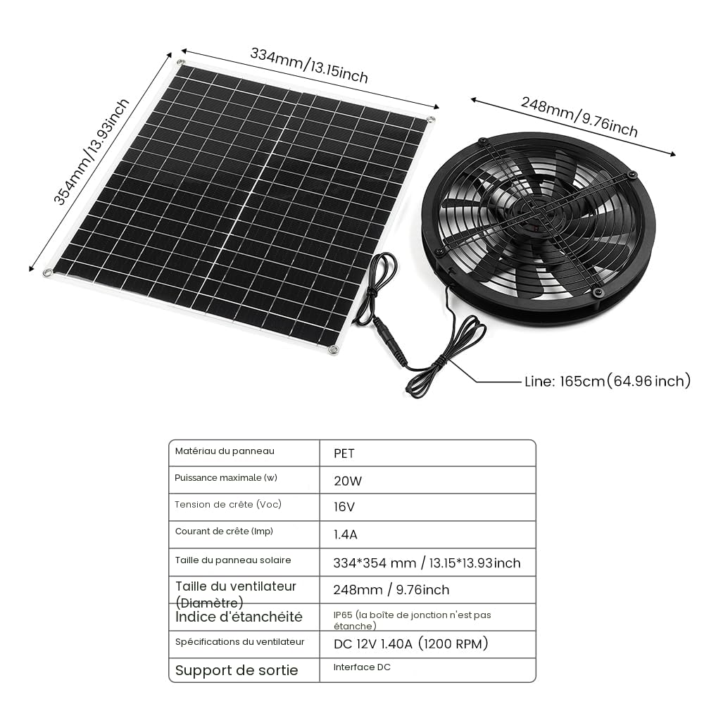 Ventilateur solaire 20 W résistant aux intempéries CC pour poulaillers serres hangars