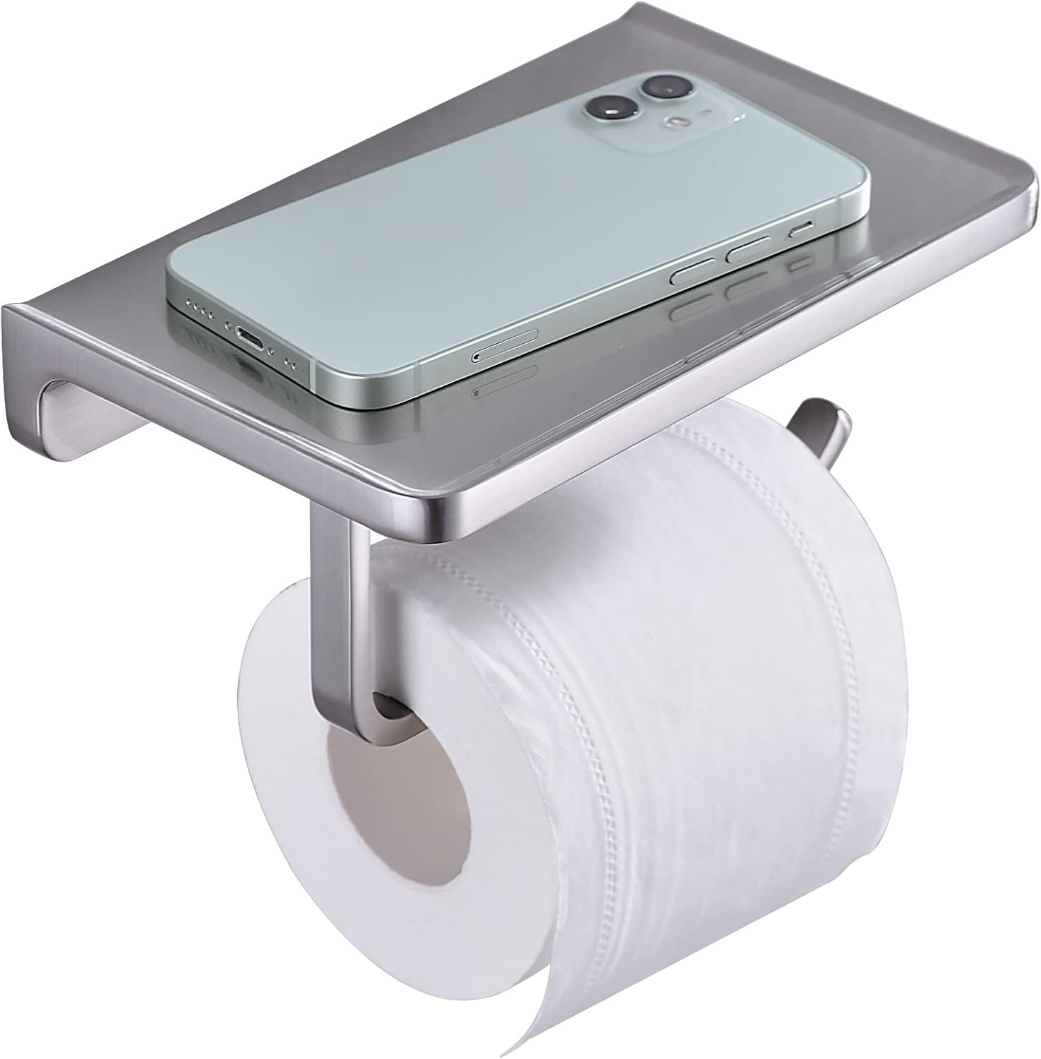 Toilet Paper Holder with Shelf, Wall Mounted Bathroom Tissue Roll Storage, Rustproof Zinc Alloy, Brushed Nickel