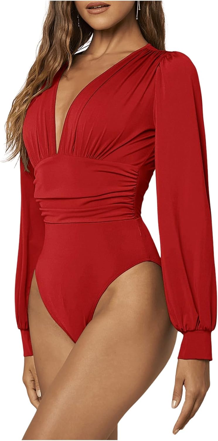 WDIRARA Women's Deep V Neck Ribbed Bodysuit Long Sleeve Skinny Bodycon Basic Bodysuit Tops - Image 4