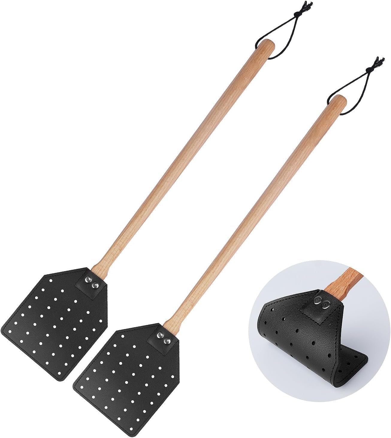 2 Pcs Leather Fly Swatter with Wood Handle, Fly Catcher Insect Mosquito Wasp Pest Control for Indoor Outdoor Home Fly (2pcs black)
