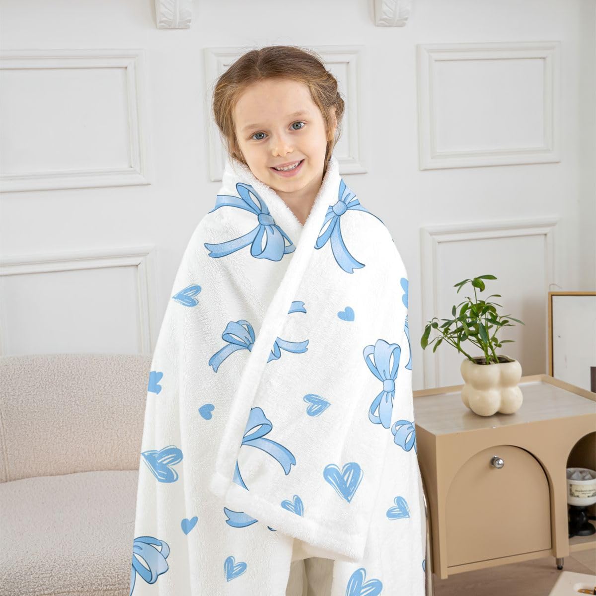 Homewish Dreamy Blue Kawaii kokarda szerpa koc puszysty pluszowa kokardka wstążka księżniczka polarowy koc - miłość serca dekoracja na łóżko kanapę Twin 152 cm x 203 cm