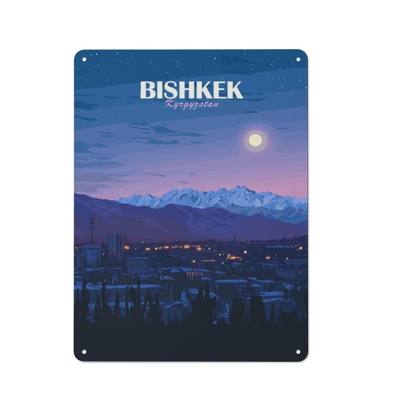 Junmoney Style-12 Bishkek Kyrgyzstan Night Cityscape Rustic Tin Wall Plaque 40X30cm For Hobby Room Or Studio, A New Home Present For Creative Interior Collectors