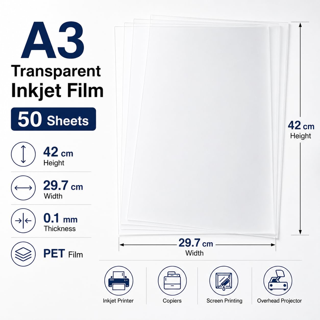 Lot de 50 feuilles transparentes A3 en acétate pour imprimante à jet d'encre, projecteur, imprimante laser, sérigraphies, 420 x 297 x 0,1 mm