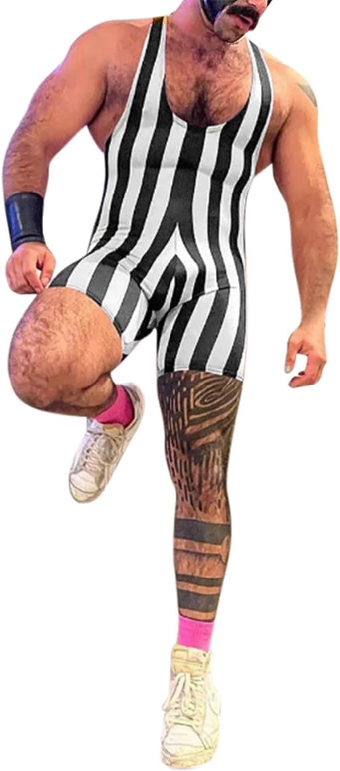 Men's Rainbow Bodysuits Jumpsuit Tank Top Shorts Jumpsuit Men's Sleeveless Body Striped Tank Top Undershirt with Slim Fit Boxer Shorts Men's One-Piece Bodysuit