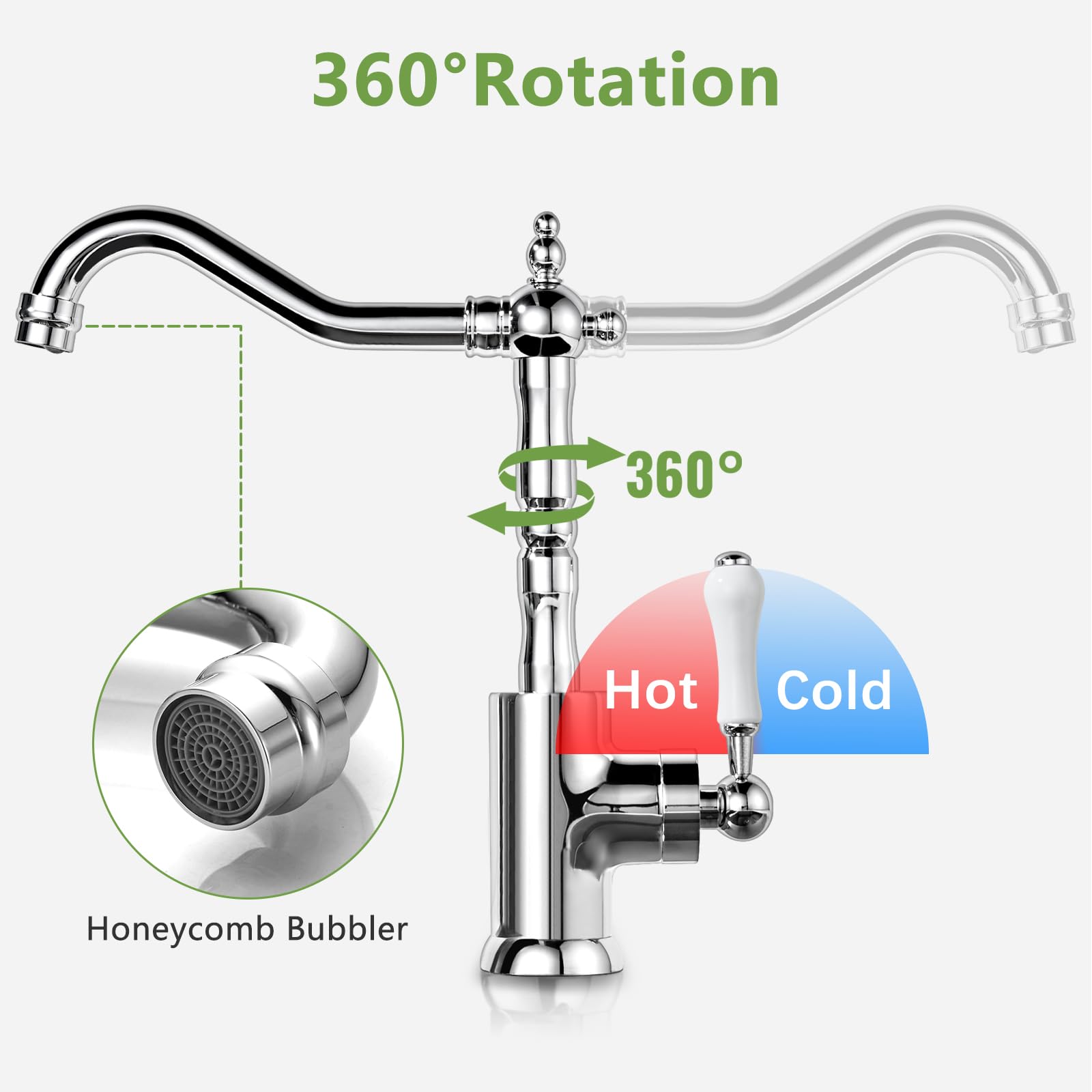 Kran kuchenny retro, armatura kuchenna obracana o 360°, bateria mieszakowa z mieszaczem jednouchwytowym do łazienki/kuchni, kran łazienkowy wysokość 280 mm, armatura umywalkowa chromowana z mosiądzu