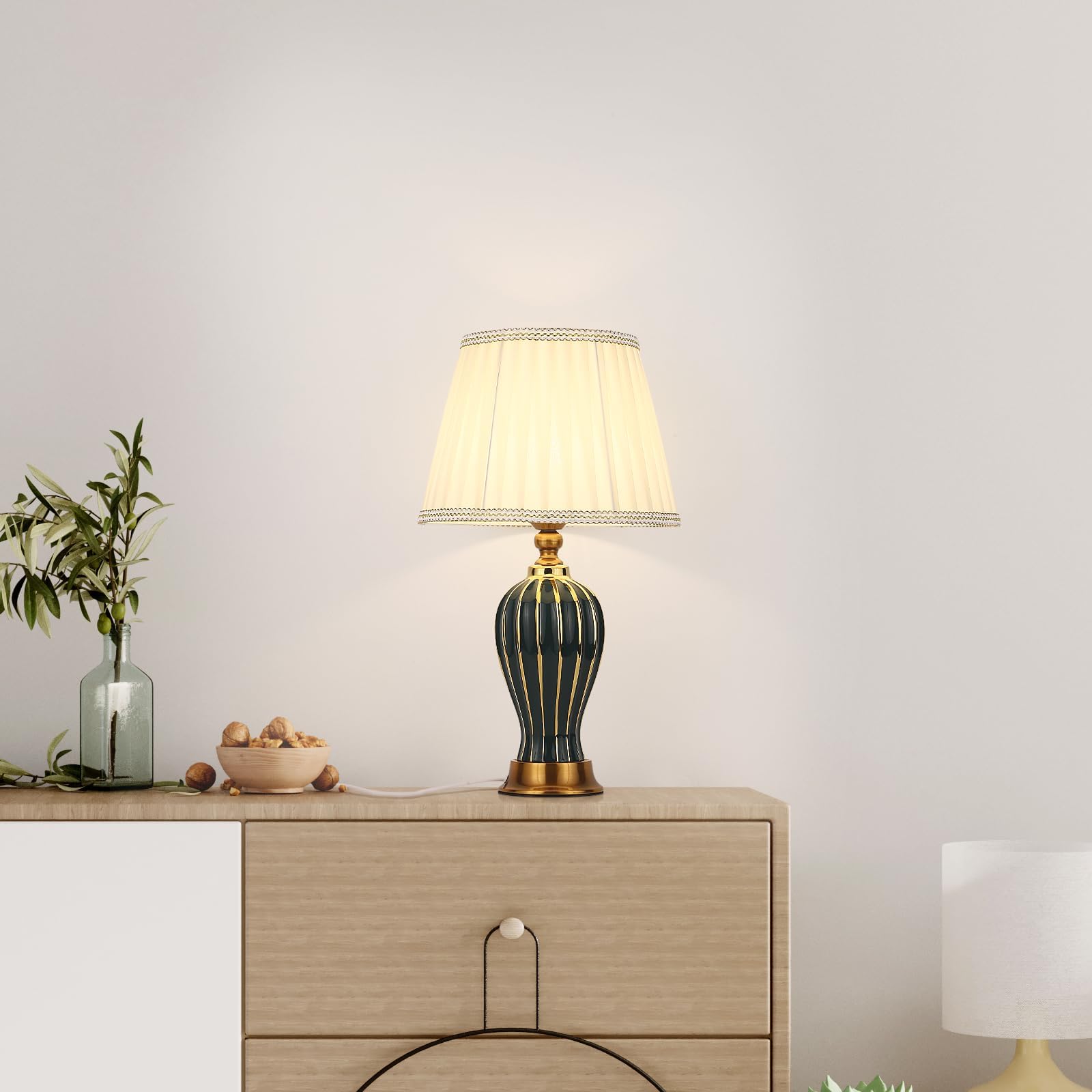 Lampada Da Tavolo Moderna E27 Retro Ceramica Luce Notturna Bianca In Tessuto Lampada Da Scrivania Illuminazione Decorativa Per Soggiorno Camera Da Letto Studio Lampada Da Letto Da Letto (Verde)