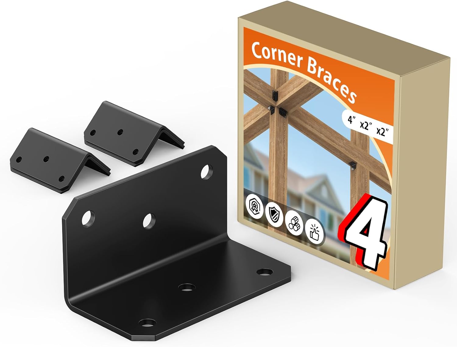 2x4 Galvanized Corner Brace, Heavy Duty L Bracket for Wood Fence, Shelves, Raised Garden, Bed, Steel Corner Brackets, 90 Degree Angle Iron Brackets with Holes, Black (4 PCS)