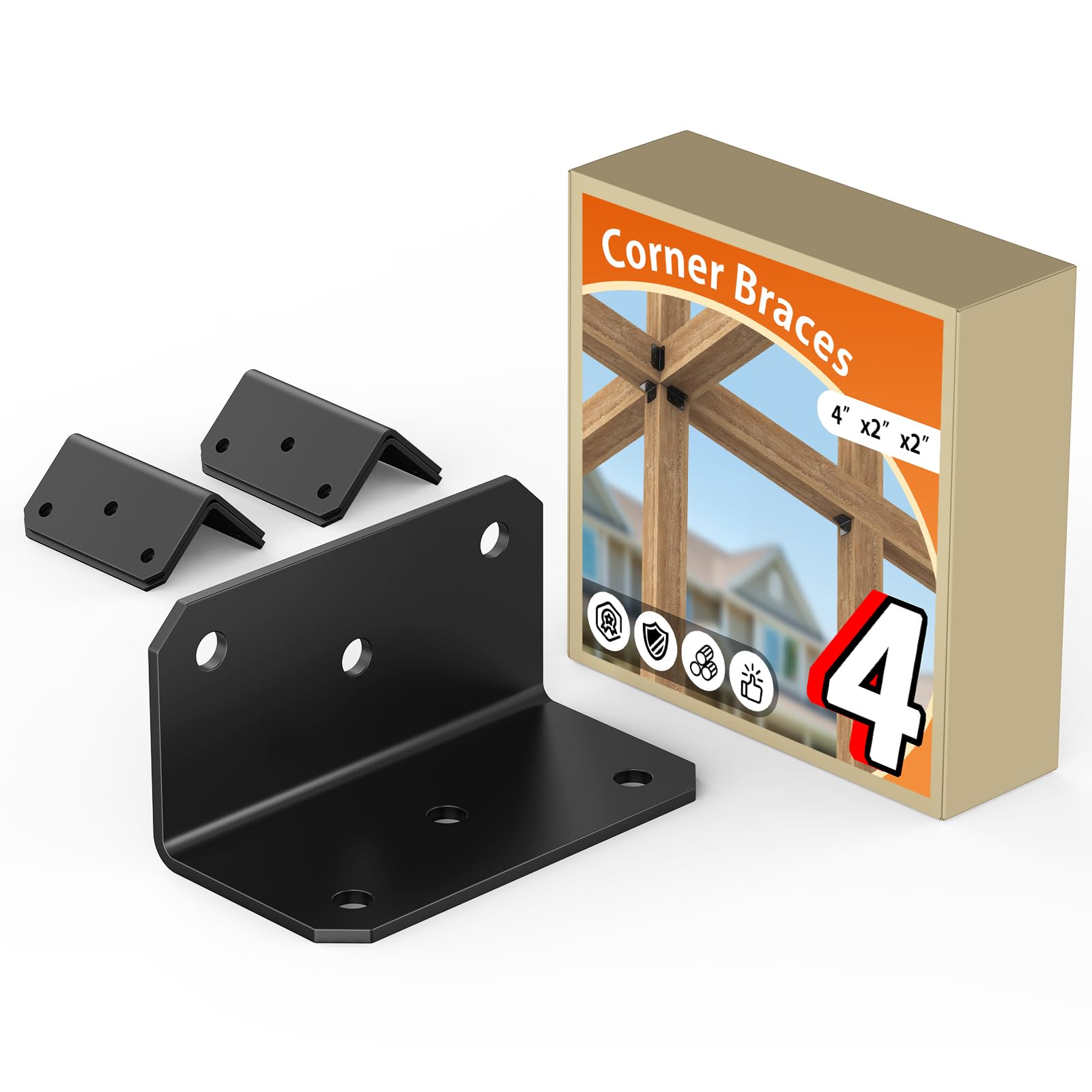 GZQIUYI 4"x2"x2" Heavy Duty Black L Brackets (4 Pack) - 90 Degree Right Angle Metal Corner Braces with 6 Pre-Drilled 1/4" Holes for Shelves, Furniture
