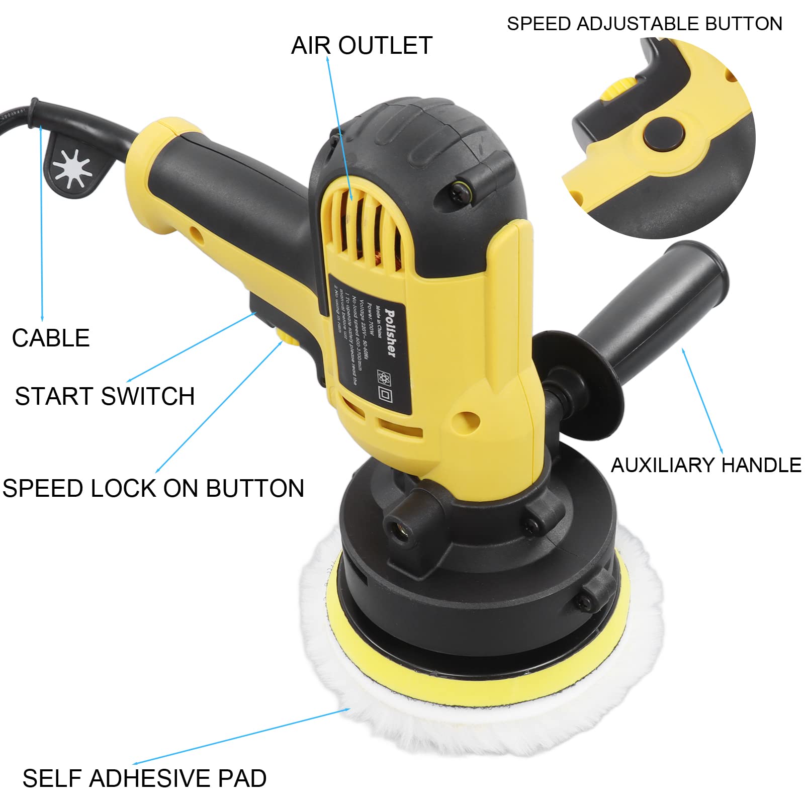 Fafeicy Pulidora de Coche Variable 700W, Carcasa de Goma y Ajustable, para Pulido, Encerado y Esmerilado (Enchufe Europeo 220V)