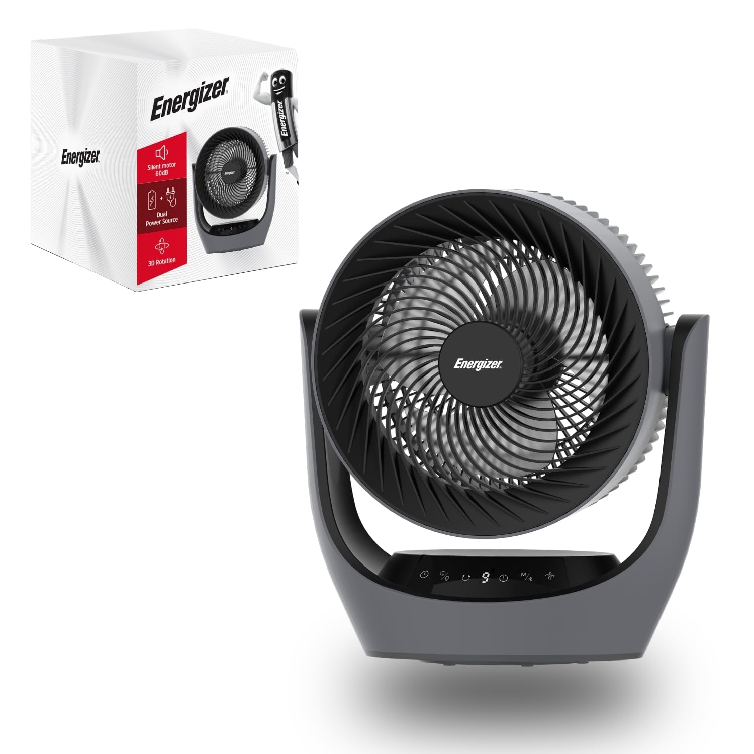 Energizer Ventilateur de Table Silencieux 35 dB, Portable Rechargeable 3600 mAh, 9 Vitesses, Oscillation 90°, 888 m³/h, Câble USB Inclus, 4h Autonomie, Pour Bureau et Chambre, Gris