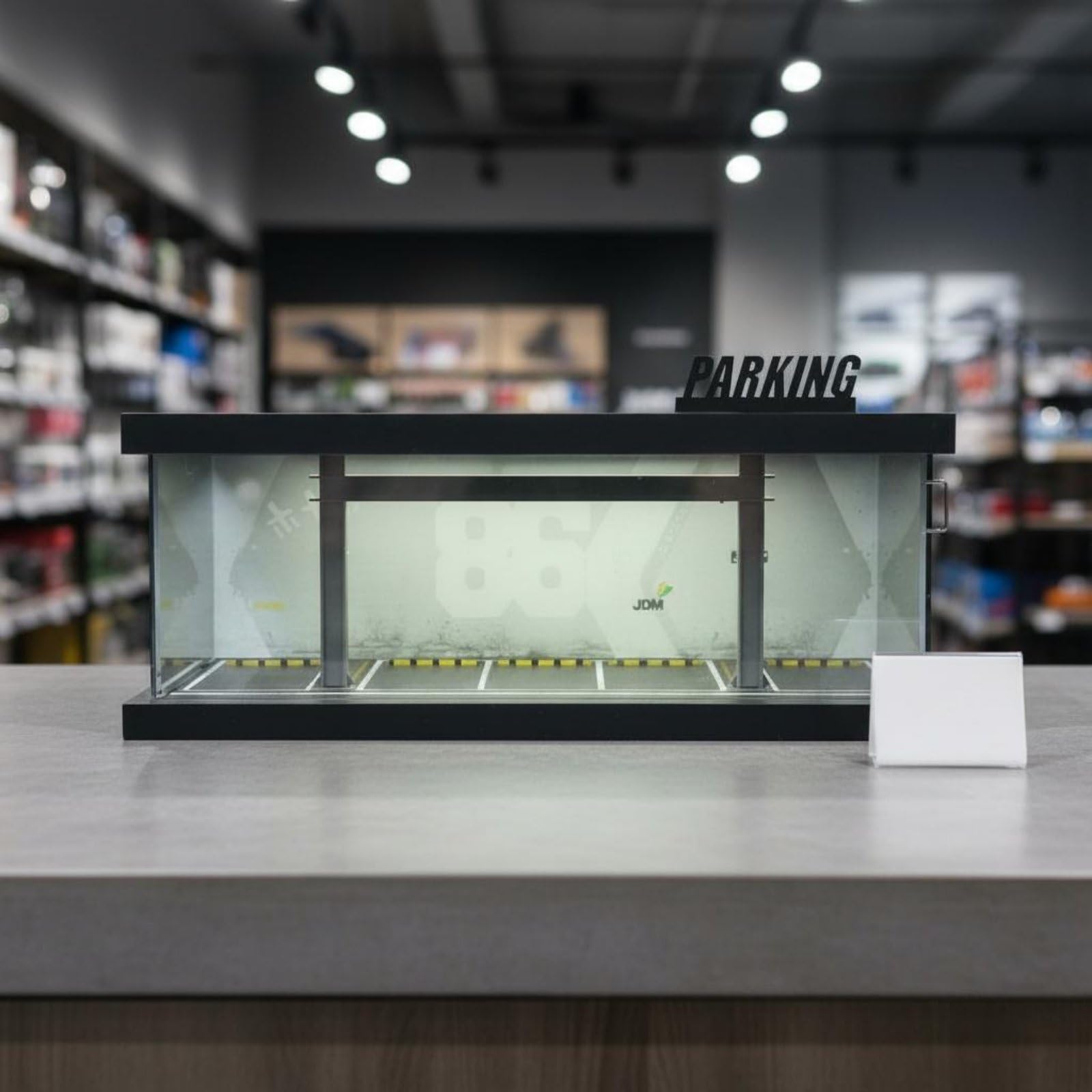 Parkhaus Modellauto Vitrine Diorama Garage Sammelvitrine Modellgarage Miniaturparkhaus Acrylgehäuse Staubschutz Display, Garagen-Stil, Beleuchtet, Montage, D-Modell