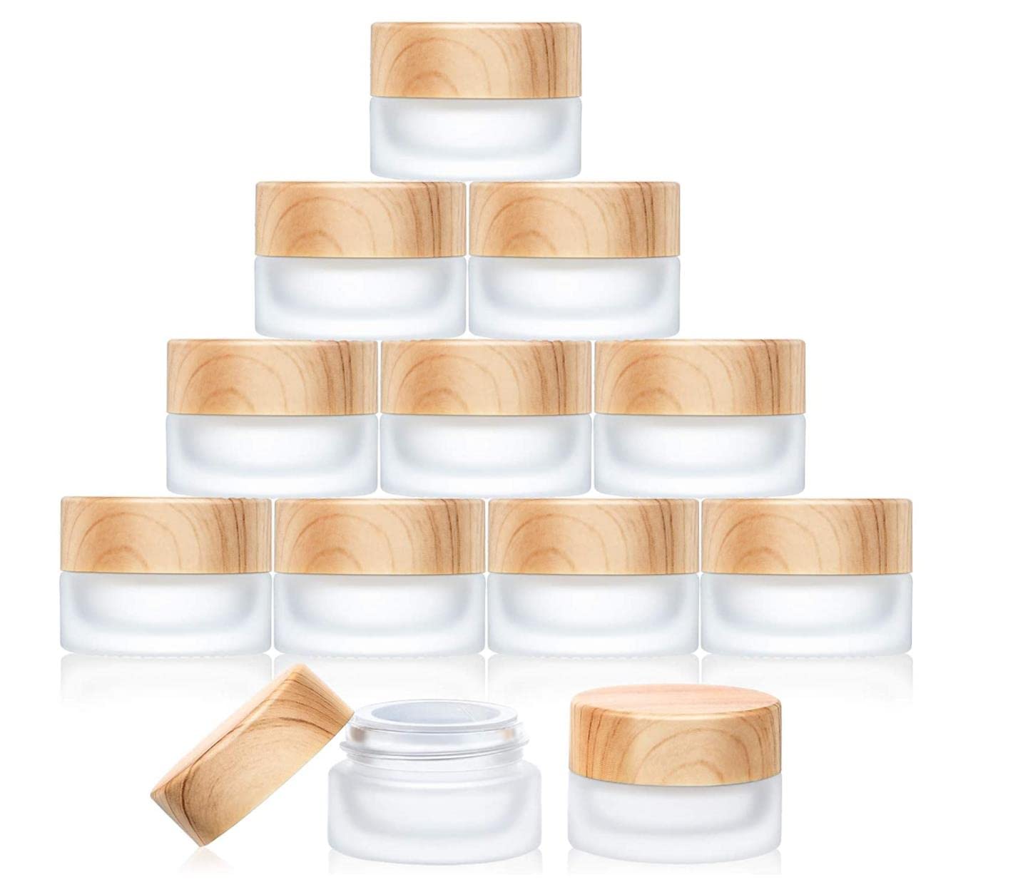 FUFU 12 Pieces Glass Cosmetic Containers Empty Sample Jars with Bamboo Wood Leakproof Lids gram Capacity Makeup Sample Containers for Lotion Cream Cosmetic (20g)