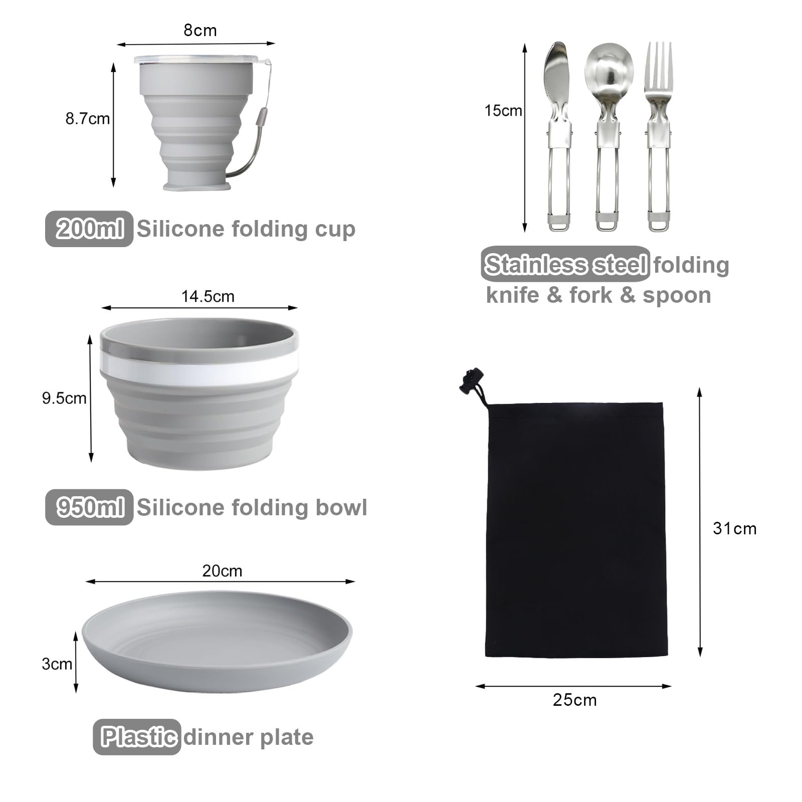Set da campeggio pieghevole 6 in 1 – Contiene coltello, cucchiaio, forchetta acciaio inox, tazza, scodella, piatto e rete. Perfetto per viaggi, trekking, picnic e campeggio