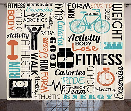 Exclusive Special Ambesonne Fitness Curtains, Healthy and Active Life Concept Exercising Sports Text Grunge Effect Gym Concept, Living Room Bedroom Window Drapes 2 Panel Set, 108" X 84", Orange Black