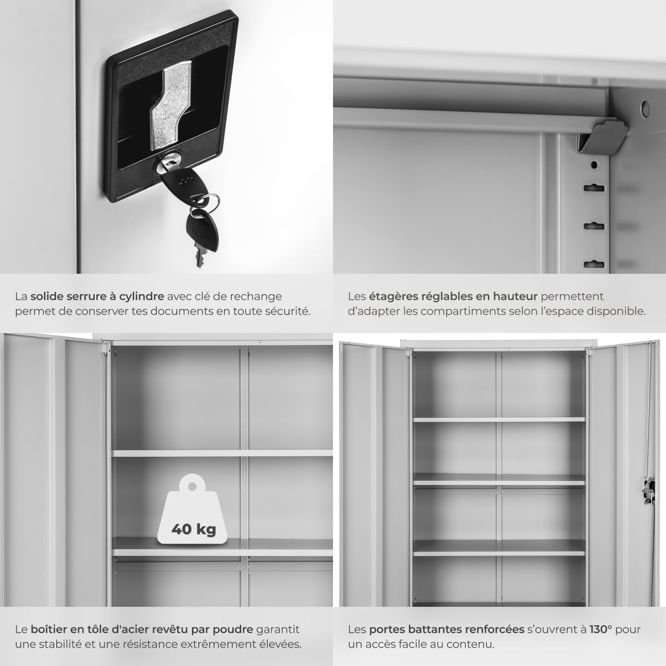 Close-up of the TecTake office cabinet's handle and cylinder lock with keys inserted, demonstrating the security feature.