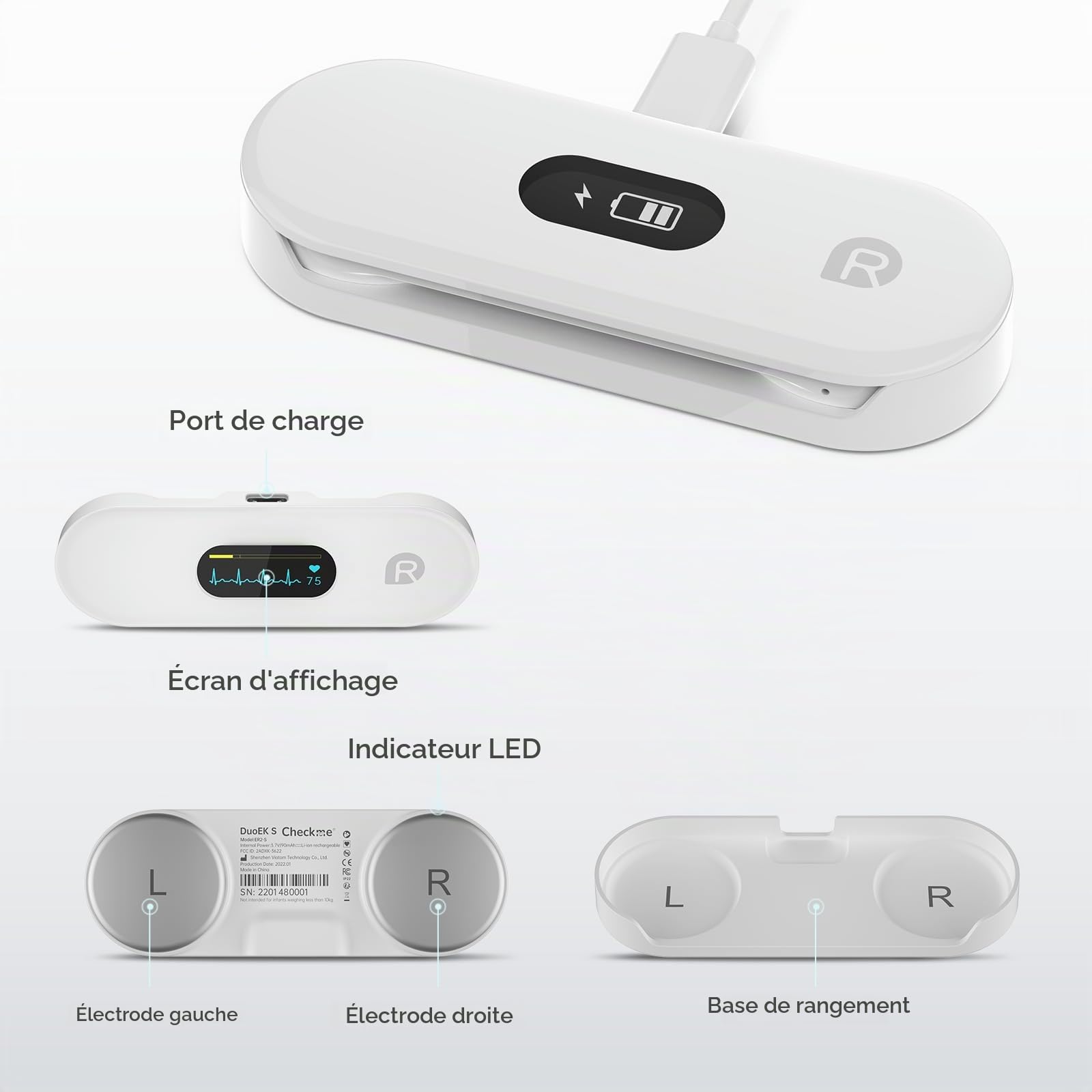 CheckMe ER2-S ECG Portable, pour le Domicile, Appareil ECG avec Ceinture Thoracique, 30s - 15Mins, Stockage Illimité des Données, écran OLED 0,96 Pouces, pour iOS & Android