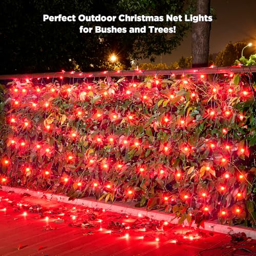 Image of Led Net Lights Christmas Lights Outdoor 200Leds 9ft x 6ft Upgraded Red Christmas Net Lighting, Waterproof 5mm LED Wide Angle Outdoor Indoor Mesh Net Light for Trees, Bushes, Shrubs Decorations