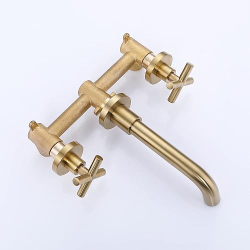 Miniatura 6 de Grifo montado en la pared para fregadero de baño, boquilla giratoria de 360 grados, 2 asas cruzadas, con válvula gruesa, oro cepillado
