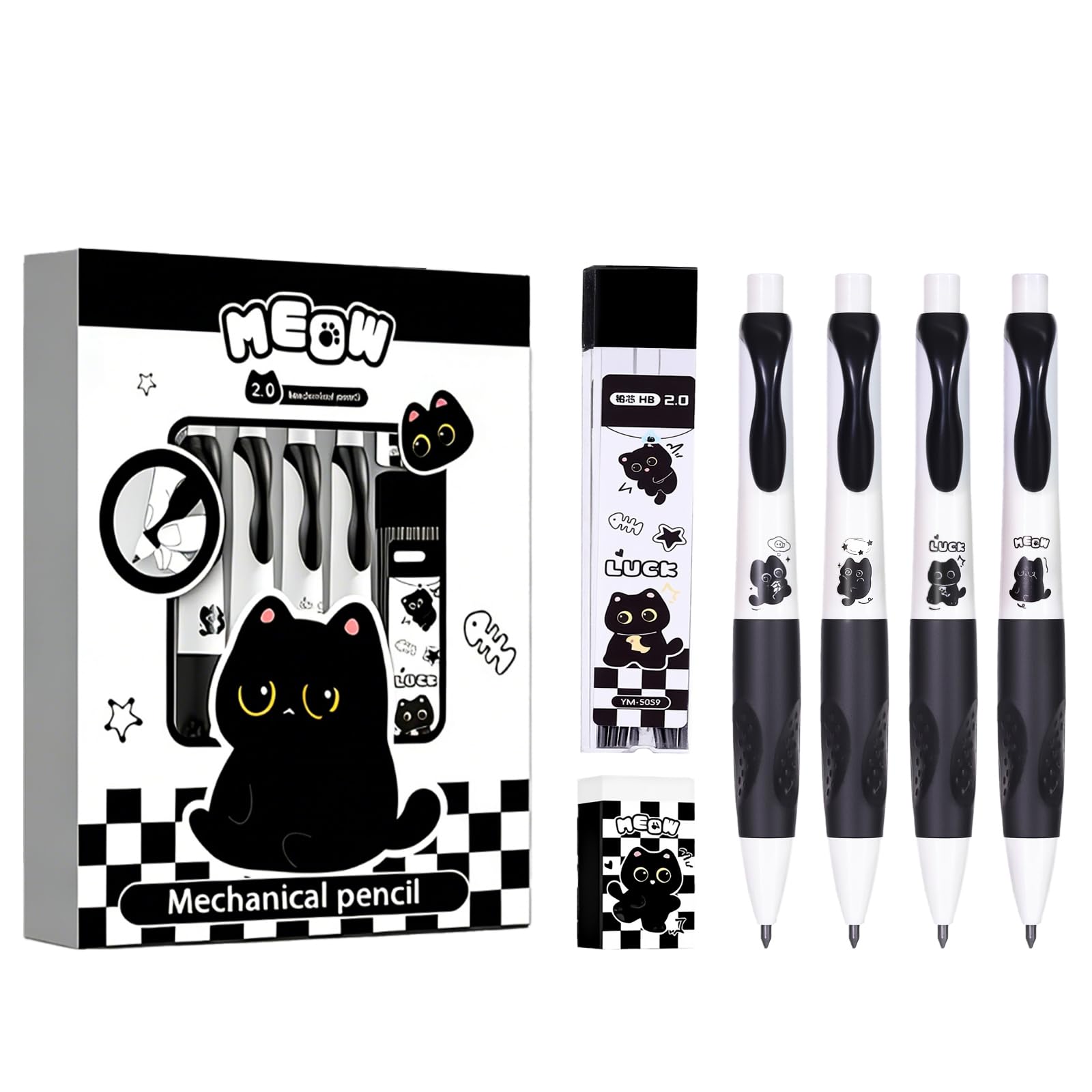 Druckbleistifte mit niedlicher Katze, 2,0 mm, ergonomischer Griff, 4 Stück, Katzen-Druckbleistifte mit Minen, Spitzer, Radiergummi, Büro- und Schulbedarf zum Schreiben, Zeichnen