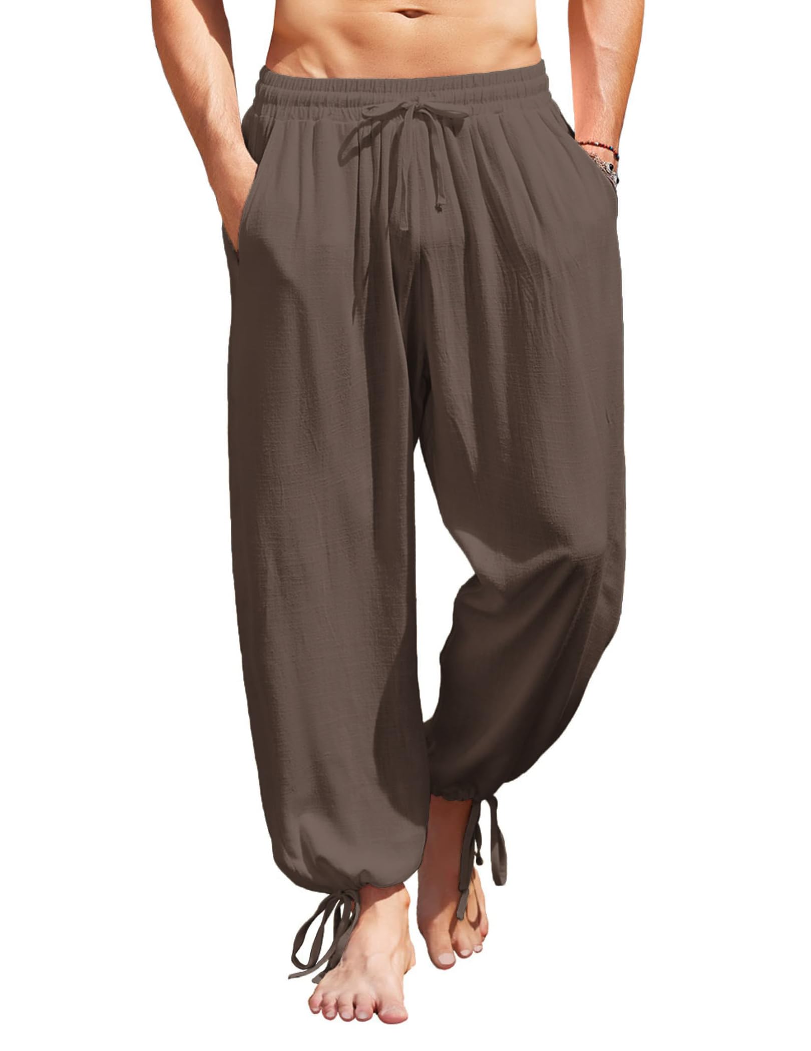 COOFANDY Men's Cotton Linen Casual Pants Elastic Waist Harem Beach Trousers