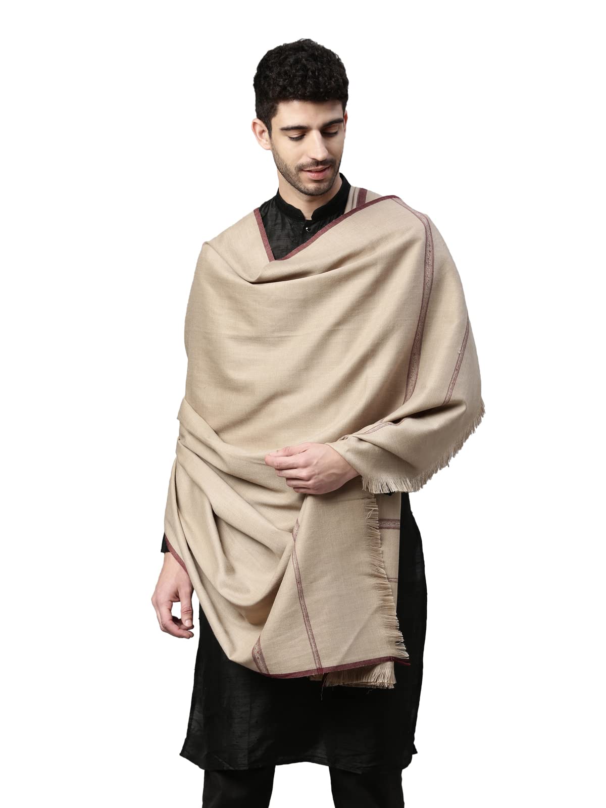 pashmoda Men Woollen Kanni Shawl, Authentic Kashmiri Luxury Pashmina Designs, Full Gents Lohi (Size 266x123 cms, Beige Color)-picture-47