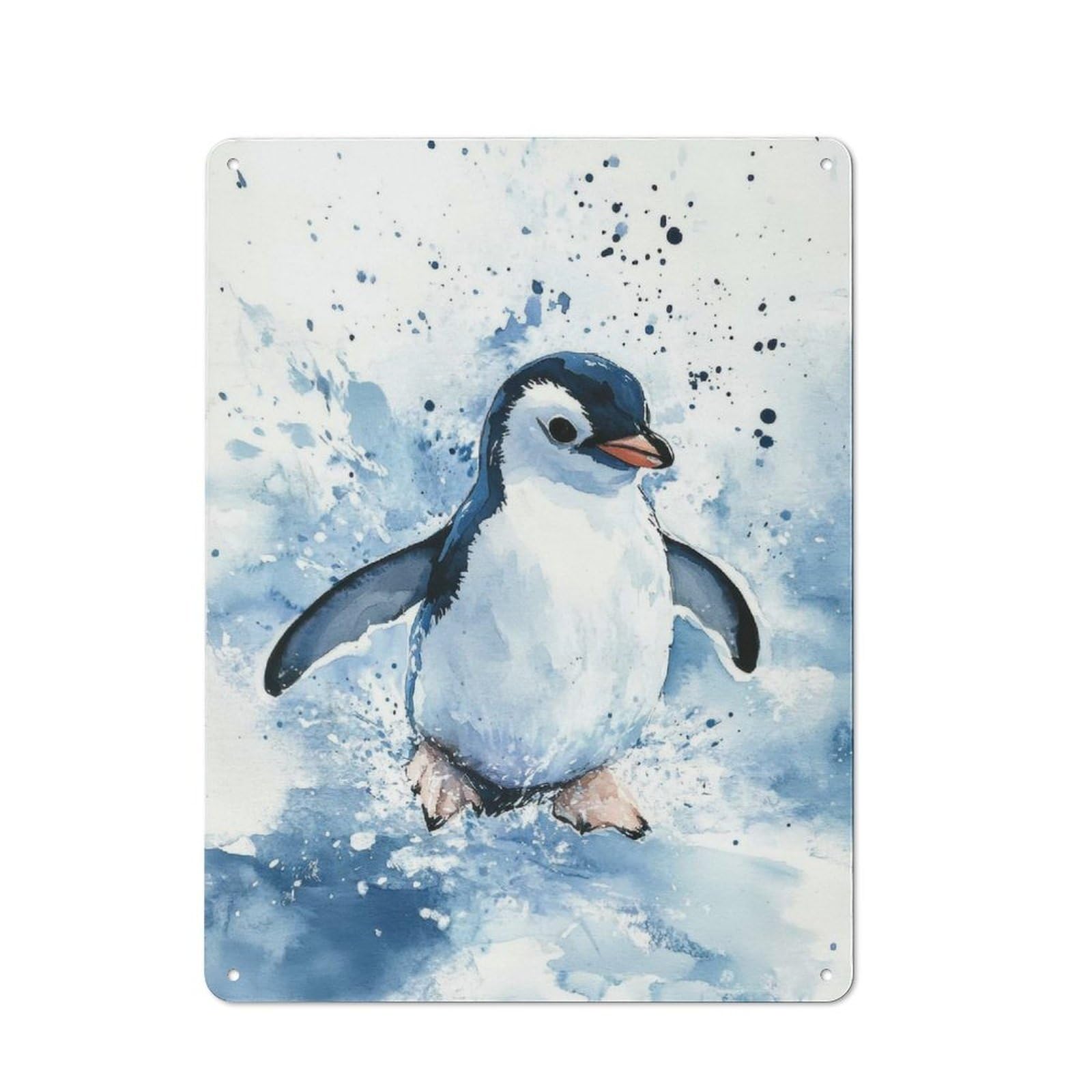Penguin Watercolor Painting Classic Metal Wall Decor 40x30cm, Metal Wall Plaque for Office, Study, Studio Or Hallway