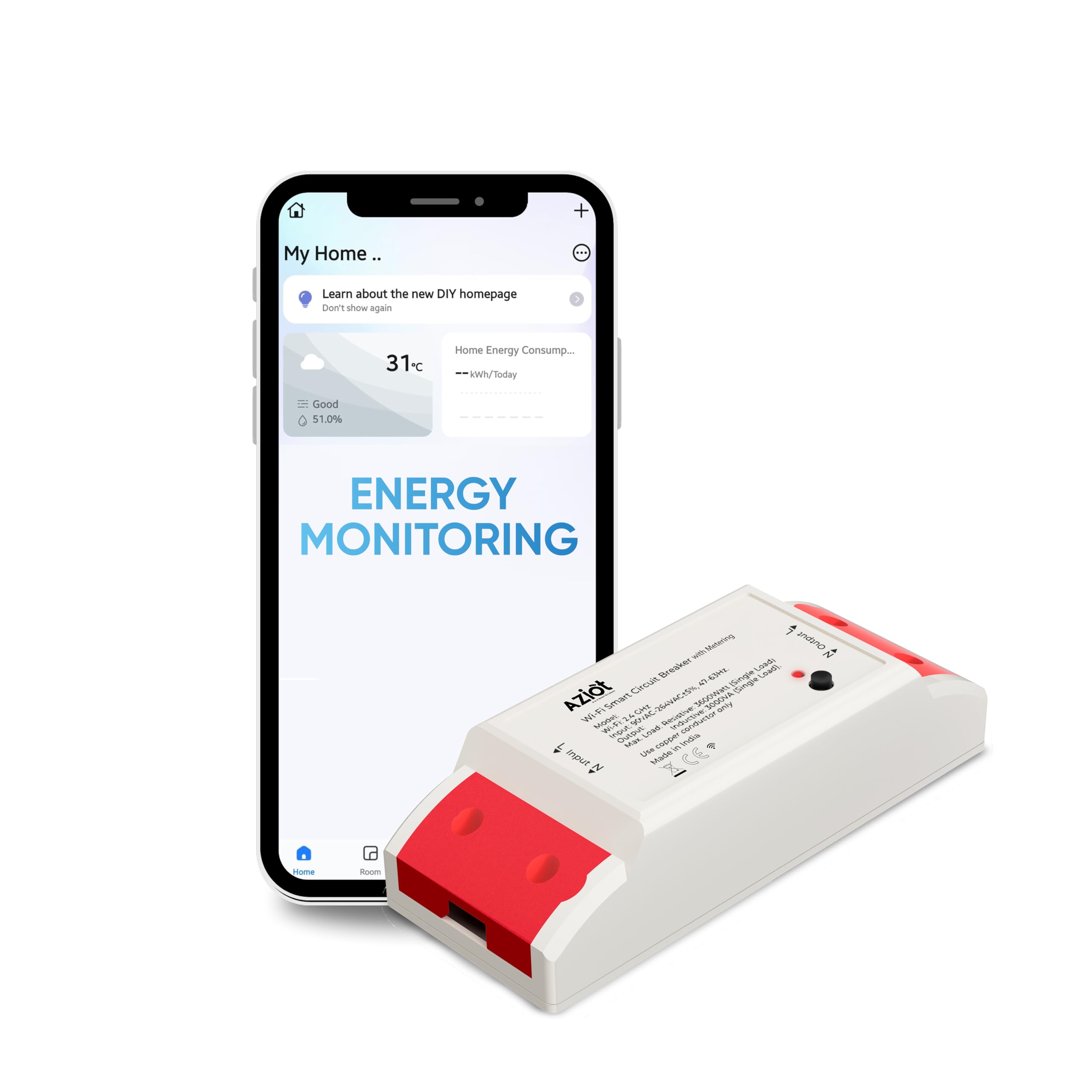 WiFi + BLE Smart Circuit Breaker - 16Amp, Energy Metering, Compatible with Alexa & Google Assistant, Easy Install, Made in India