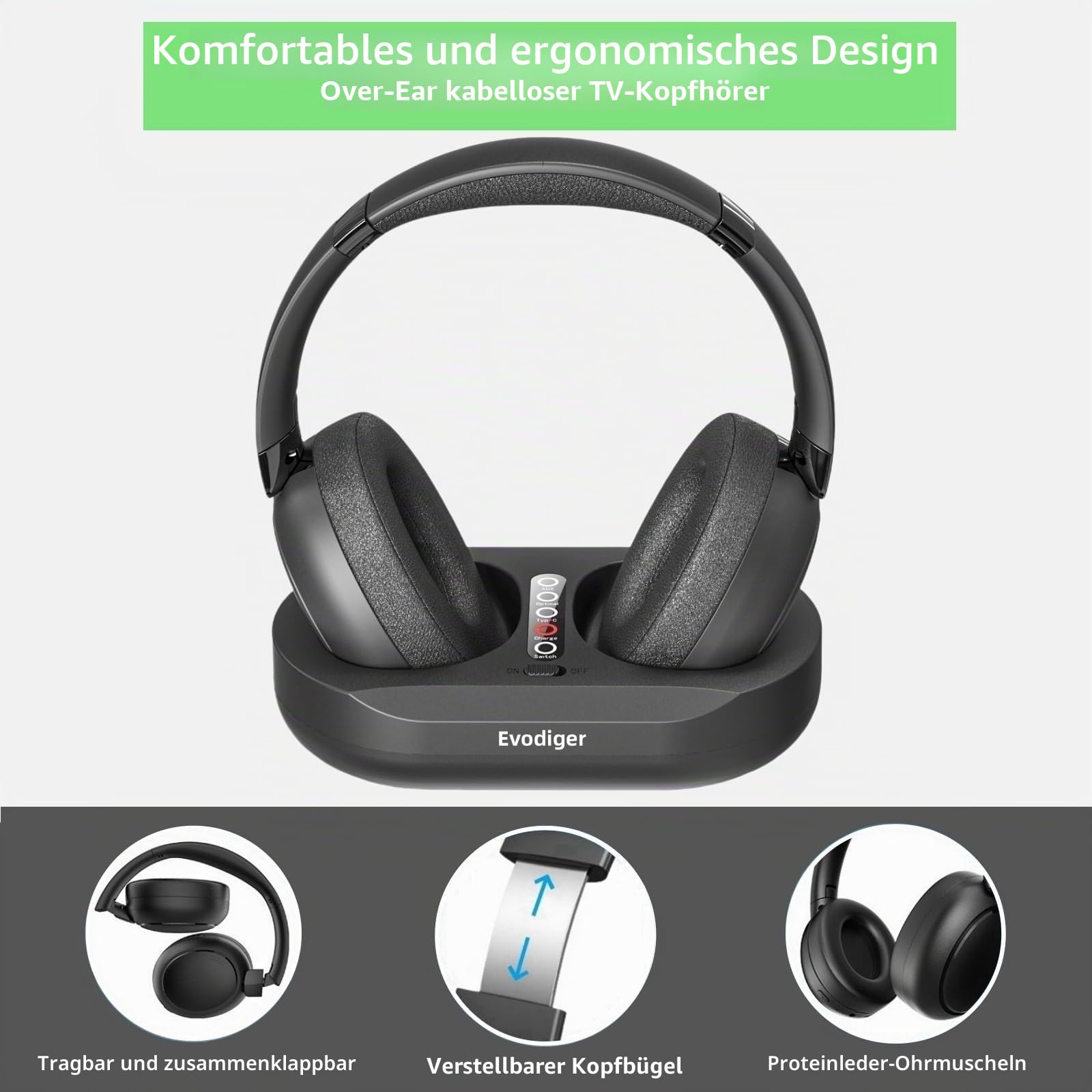 Drahtlose TV-Kopfhörer für Senioren, TV-Kopfhörer Kabellos mit Ladestation für Sender, Bequeme Over-Ear-Passform, Lange Akkulaufzeit, Einfache Bedienung, Ideal für ältere Menschen und spätes Fernsehen