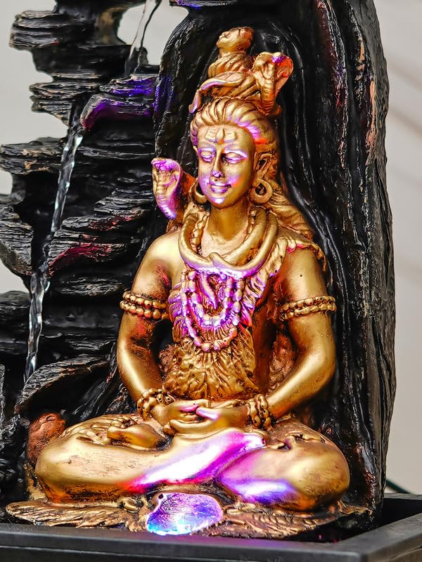 Image of Golden Brown Polyresin Tabletop Lord Shiv 4 Step Indoor Water Fountain for Home Decor with LED, Speed Control Pump (Size: 29 x 22 x 40 CM | Weight: 1780Gram)