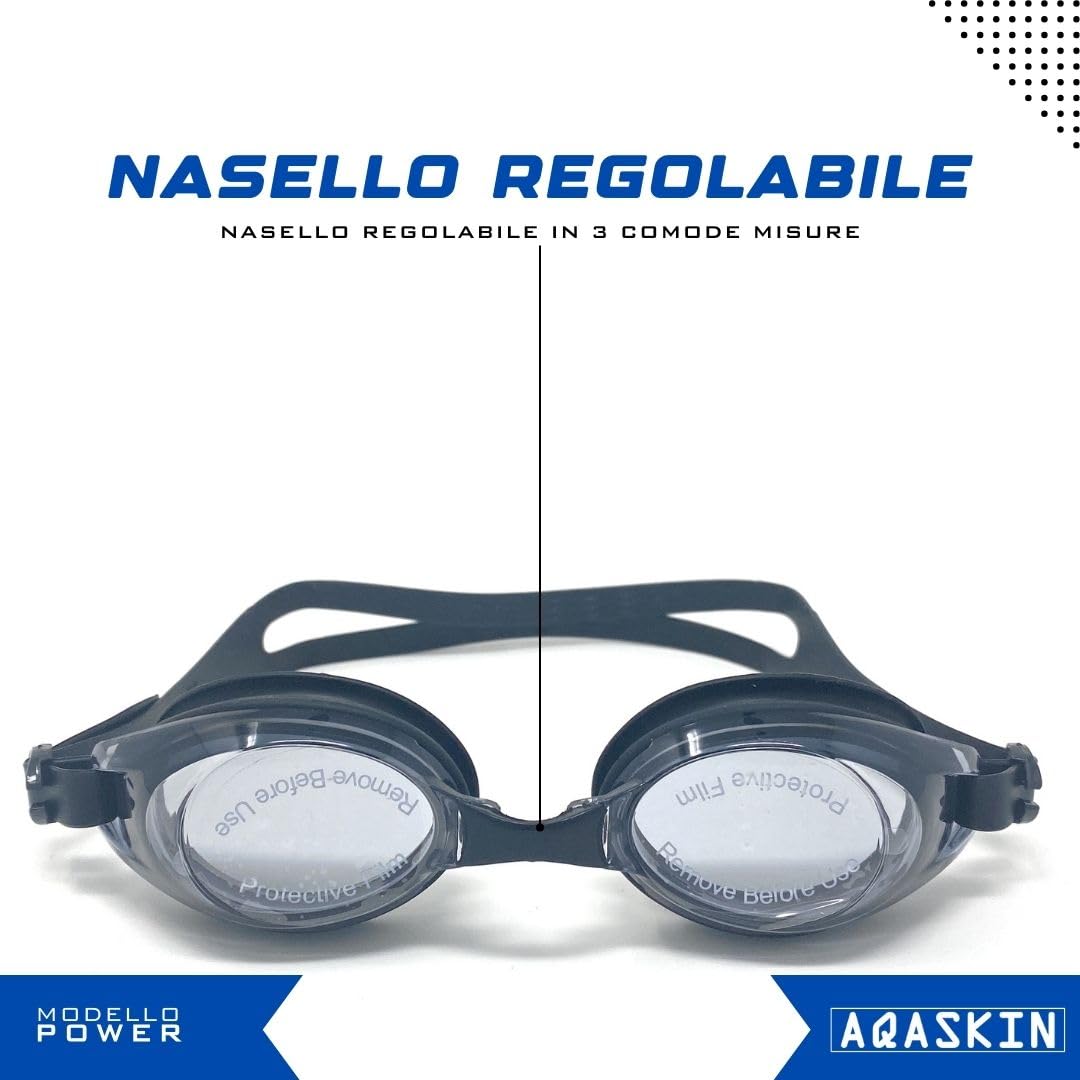Occhialini Nuoto Professionale Modello POWER - SCONTI QUANTITÁ - Anti-Perdita - Piscina e Mare per Adulti e Bambini - 3 Ponti Nasali Intercambiabili, Cinturino Singolo.