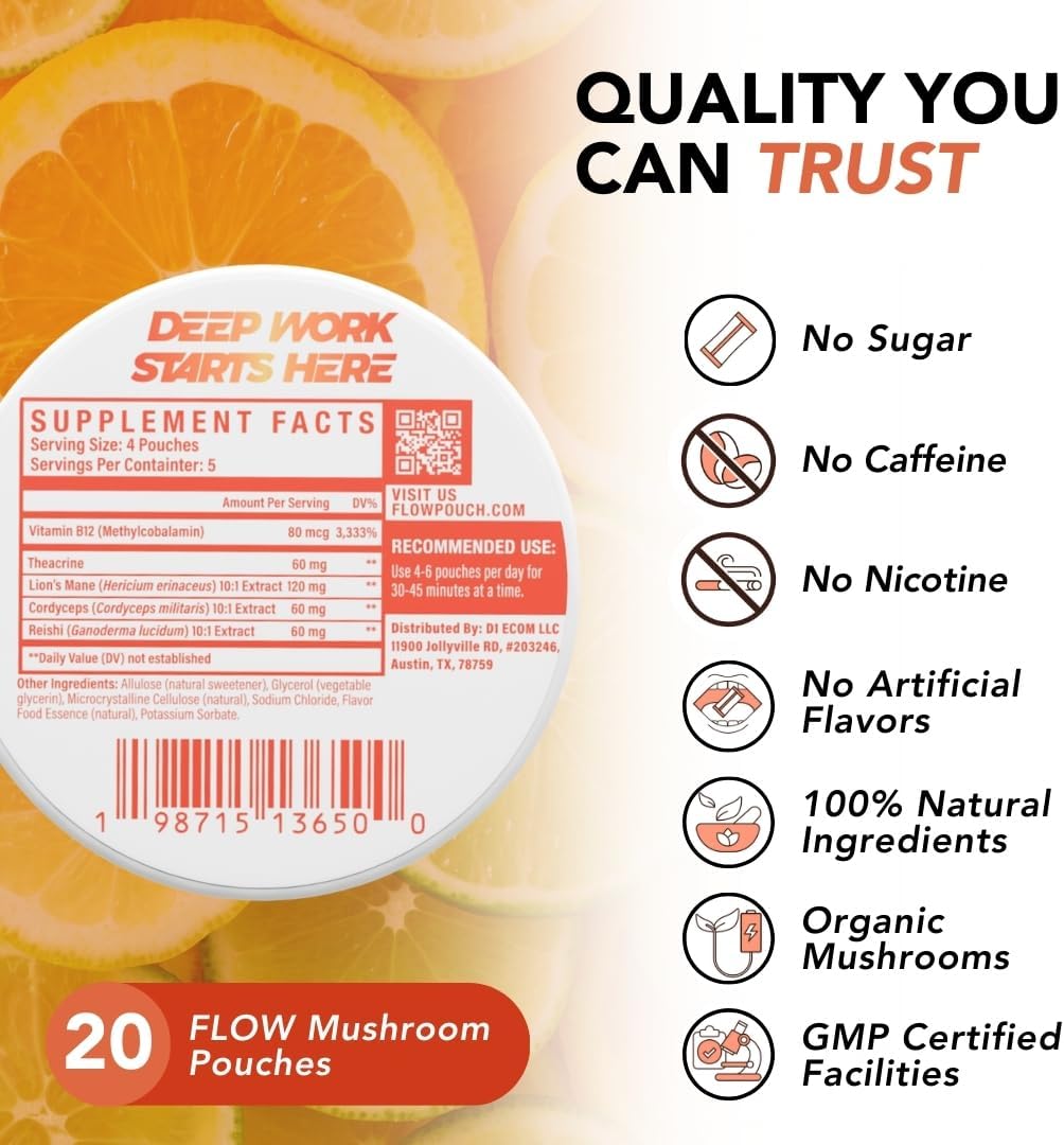 Flow Pouches Mushroom Nootropic Pouches - 600mg Organic Mushroom Energy Ultra Pouches with Lion's Mane, Reishi, Cordyceps for Focus & Clean Energy - Zero Caffeine or Sugar (5 Can Pack, Citrus.)