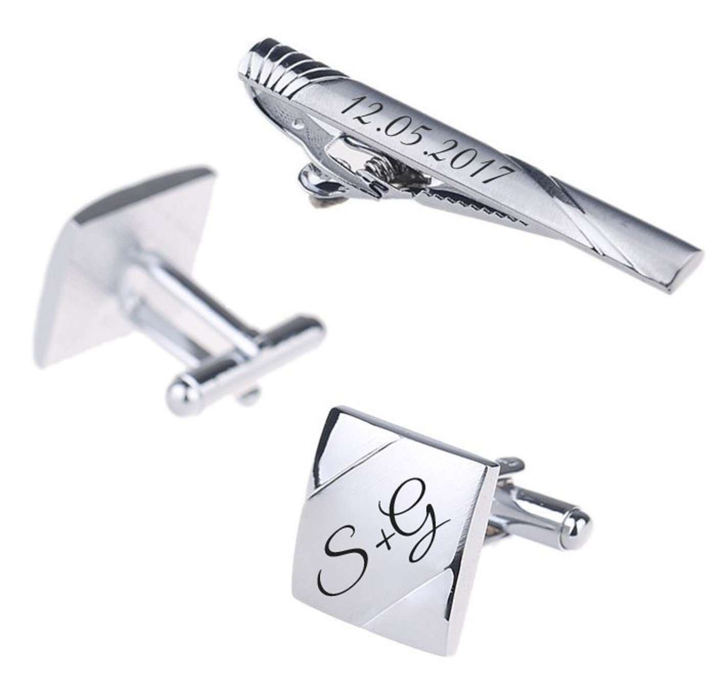 ID Krawattennadel + Manschettenknöpfe mit Gravur nach Wunsch Edelstahl Hochzeit Model 2 mit Box