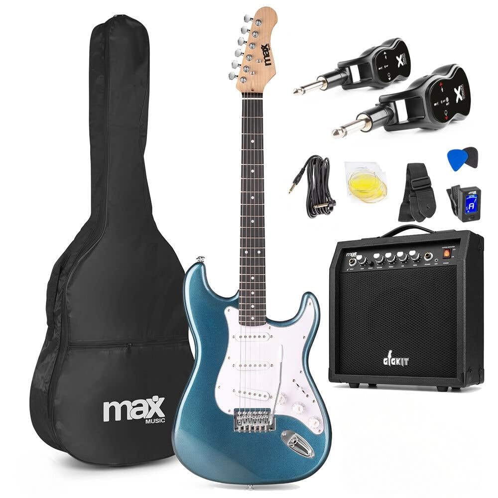 MAX GigKit + Vonyx WGS20 - Set guitarra eléctrica 4/4 con sistema inalámbrico, color petróleo, amplificador 40W, sistema UHF 10 canales, batería recargable y accesorios completos para principiantes