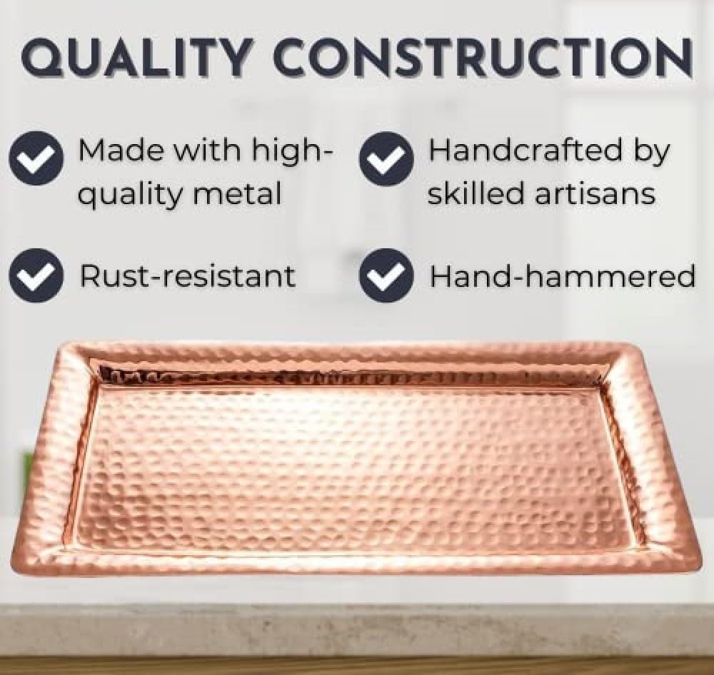 Monarch Abode Decorative Tray – 16-Inch Hand Hammered Copper Plated Metal Bathroom Tray Countertop, Vanity Trays Organizer, Perfume Plate for Dresser, Kitchen Countertop Large Fruit Platter image 3