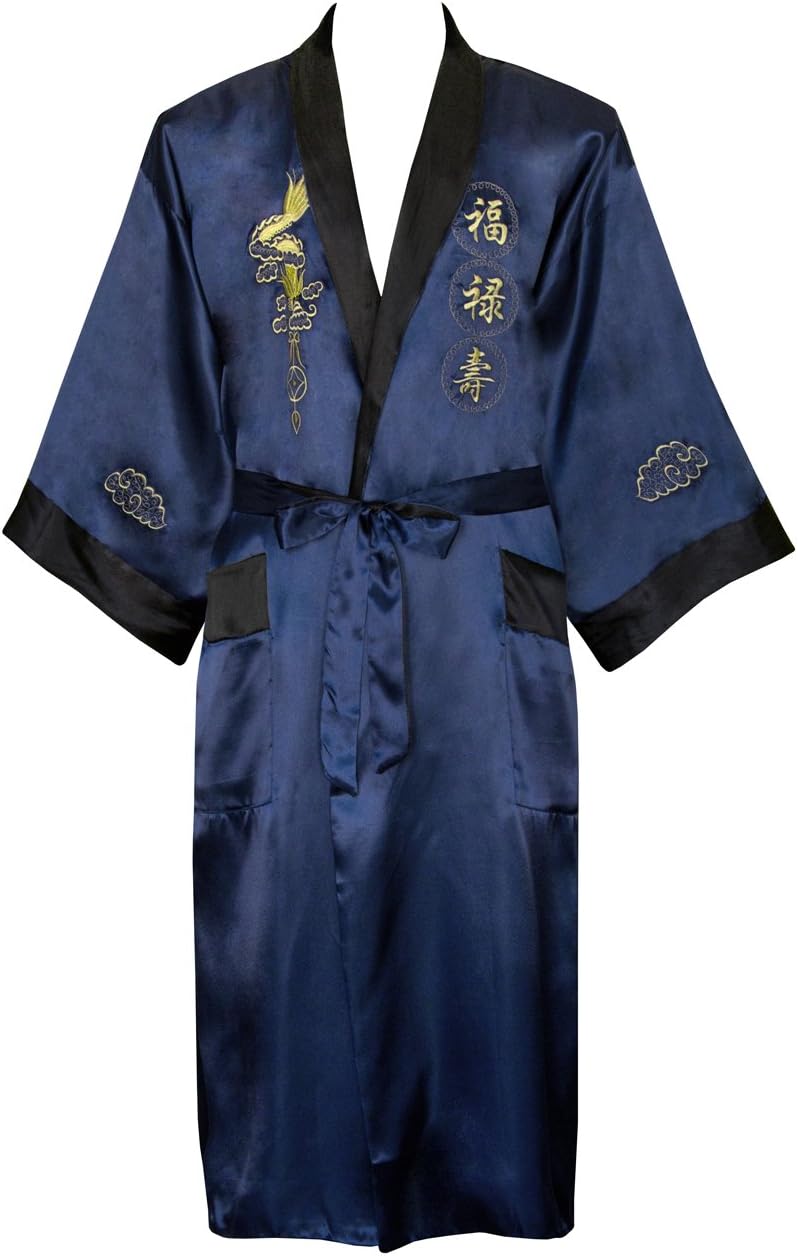 Men's Kimono Robe (Reversible) - Embroidered Dragon Navy