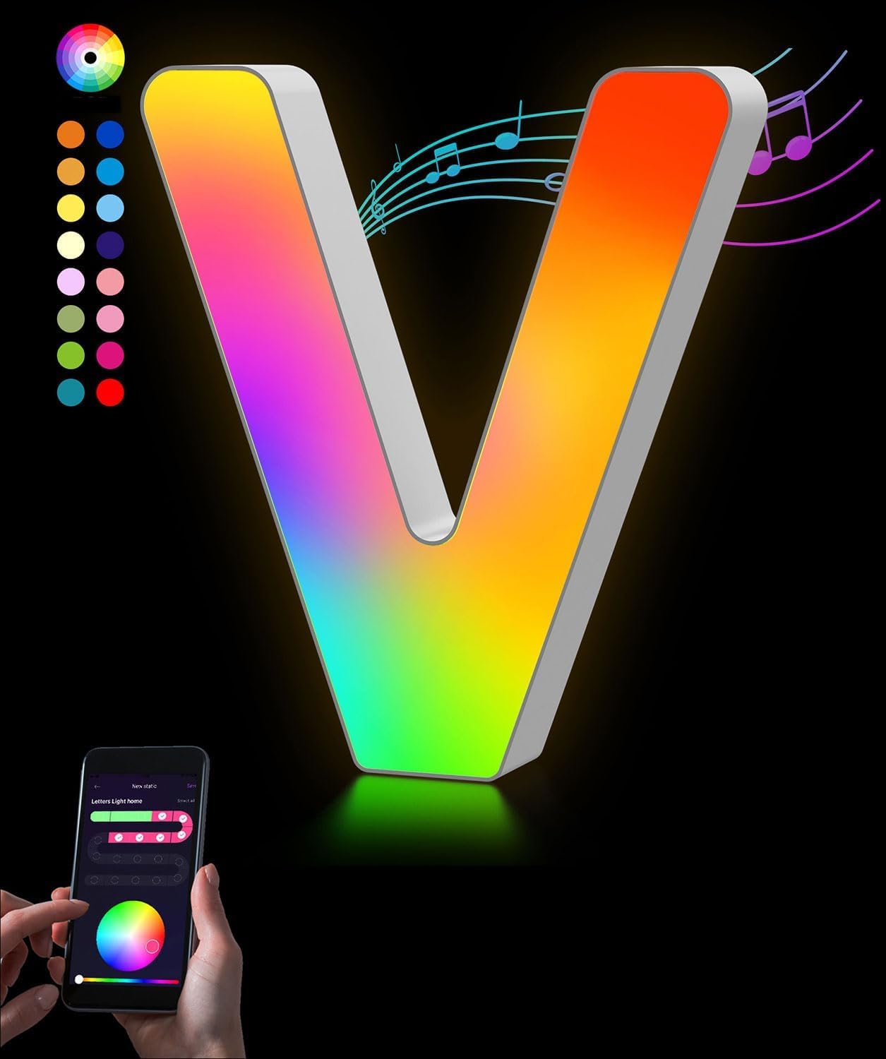 Kimimara LED Buchstaben Lichter Alphabet - LED Brief Licht mit USB-Netzteil，APP-Kontrolle Musik Sync Dimmbar für Geburtstag Weihnachten Hochzeit Party Valentinstag & Festival Dekoration (V)