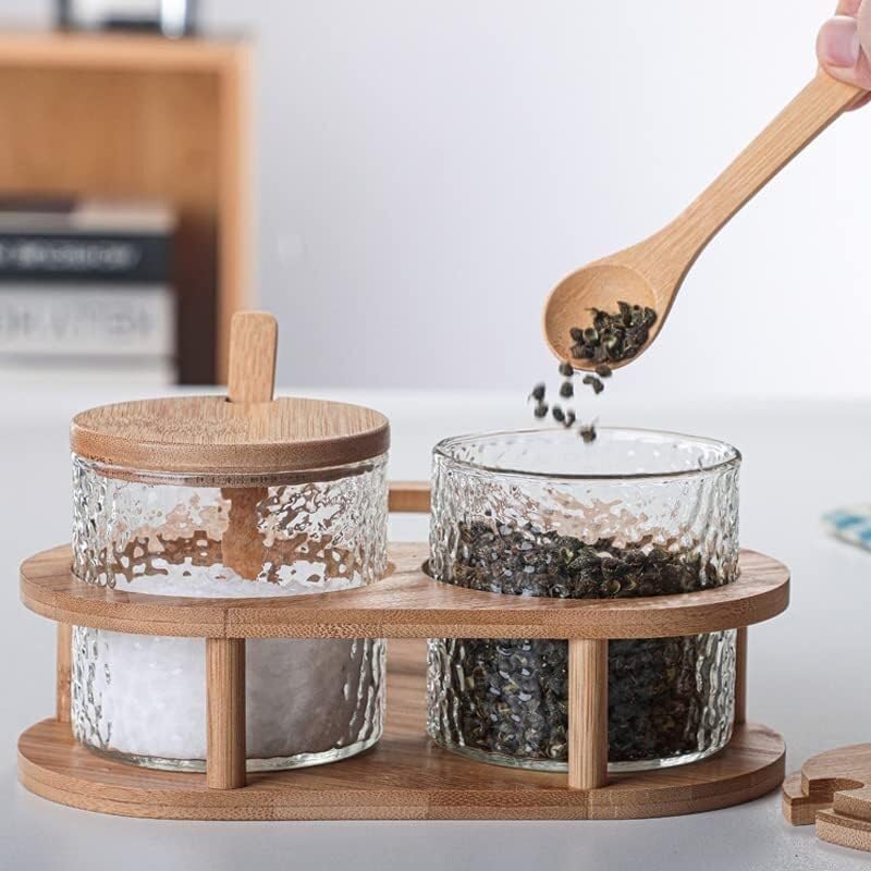 Pots d'assaisonnement, boîte à épices, coffret d'assaisonnement en verre, maison, cuisine, salière, stockage de bouteilles, pots à condiments, gadget, poivre, couvercle en bois, cuillère, pots à épice