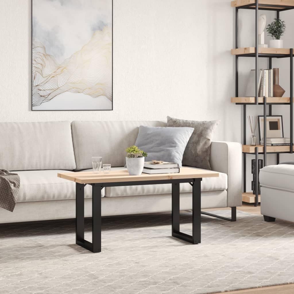 Tavolino da salotto in legno massello di pino con struttura a O in acciaio verniciato a polvere, 100 x 50 x 45,5 cm, robusto mobile da soggiorno in stile rustico industriale