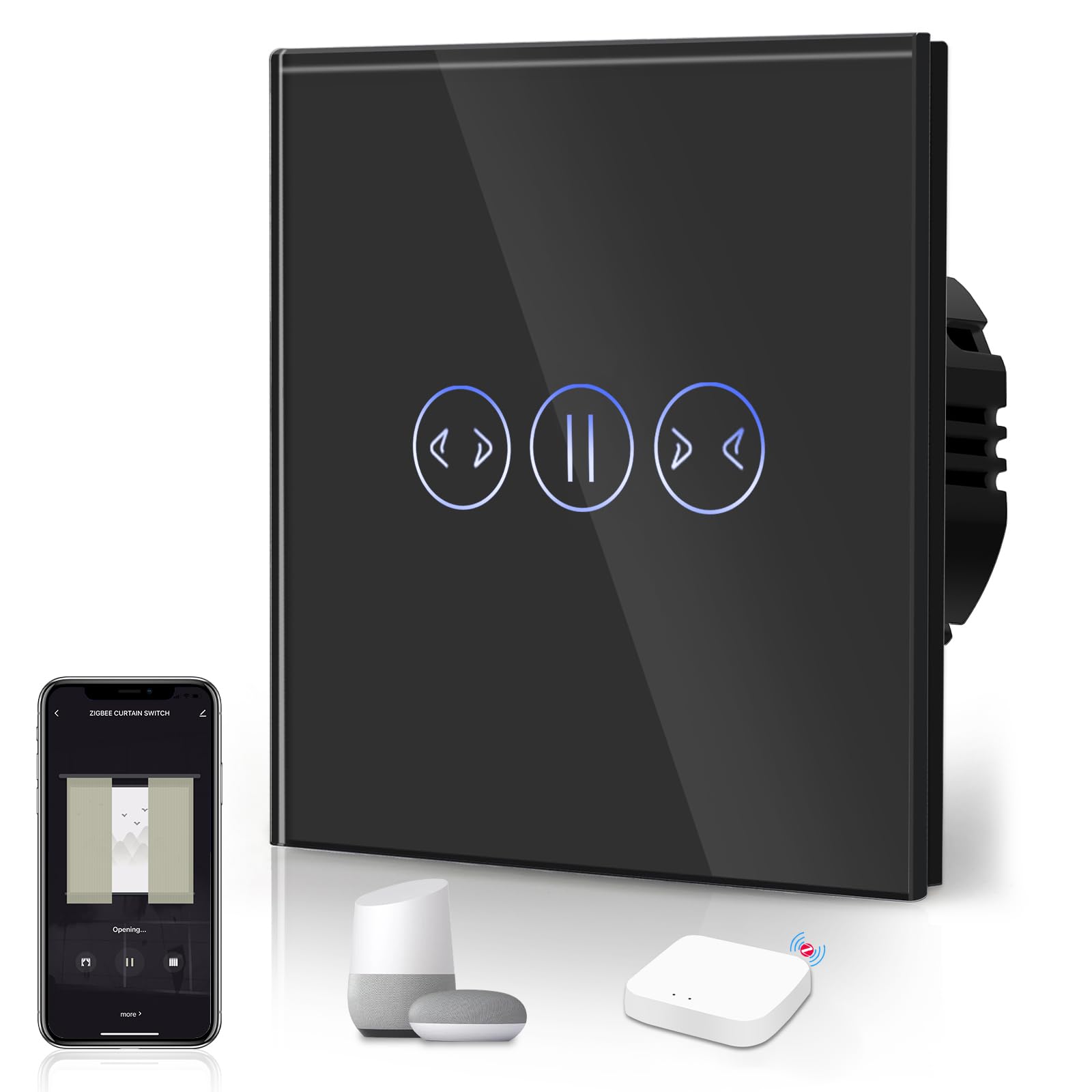 BSEED Zigbee Curtain Switch,Glass Touch Panel,LED Lights,Work with Alexa/Smart Life App Control,Neutral Wire Required,Zigbee Cortinas1 Gang 1 Way,86mm Black — image 1