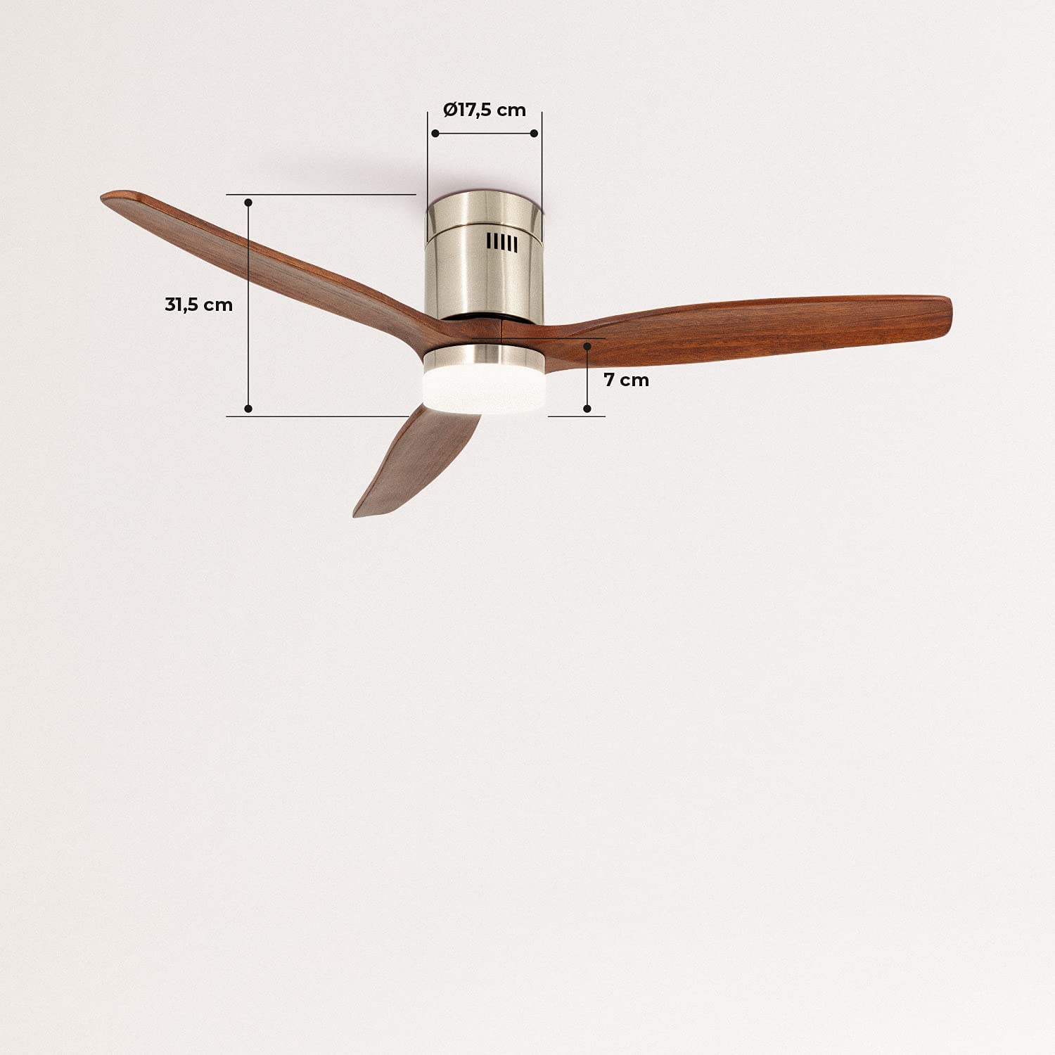CREATE/WINDCALM/Ventilador de techo ABS con luz níquel efecto aspas madera oscura y mando / 40W, Silencioso, Ø132 cm, 6 velocidades, 3 temperaturas de luz, temporizador, función verano-invierno