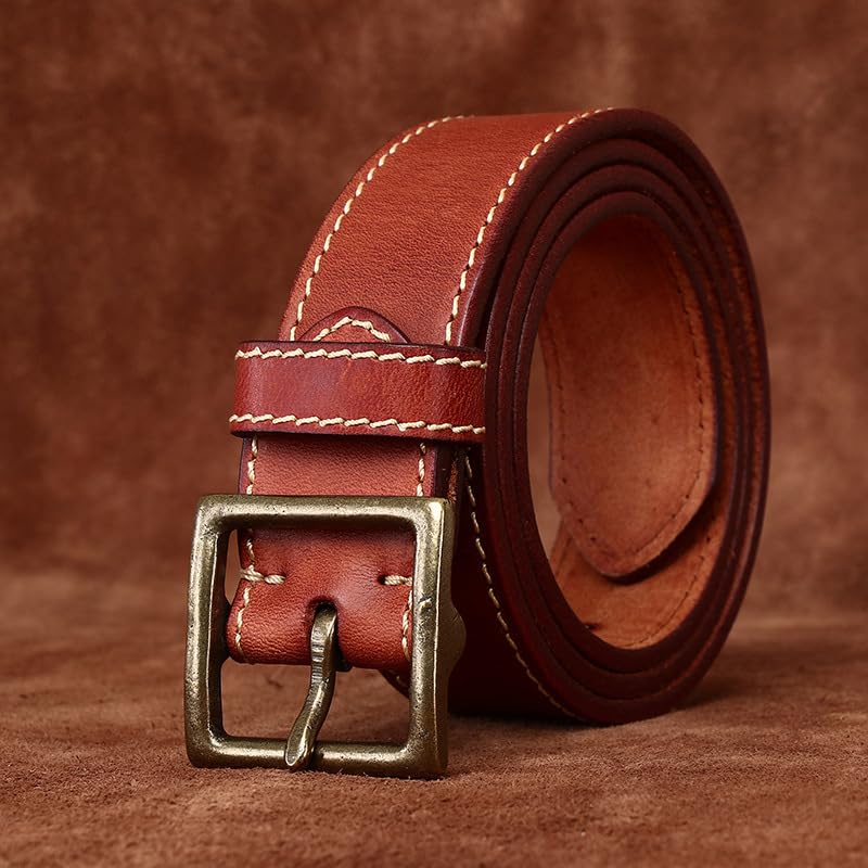 42mm Large Wide Top-Grain Leather Stitched Belt for Men Women,Trendy Casual Washed Vintage Strap with Gold Square Buckle(115cm/45, Reddish Brown)3