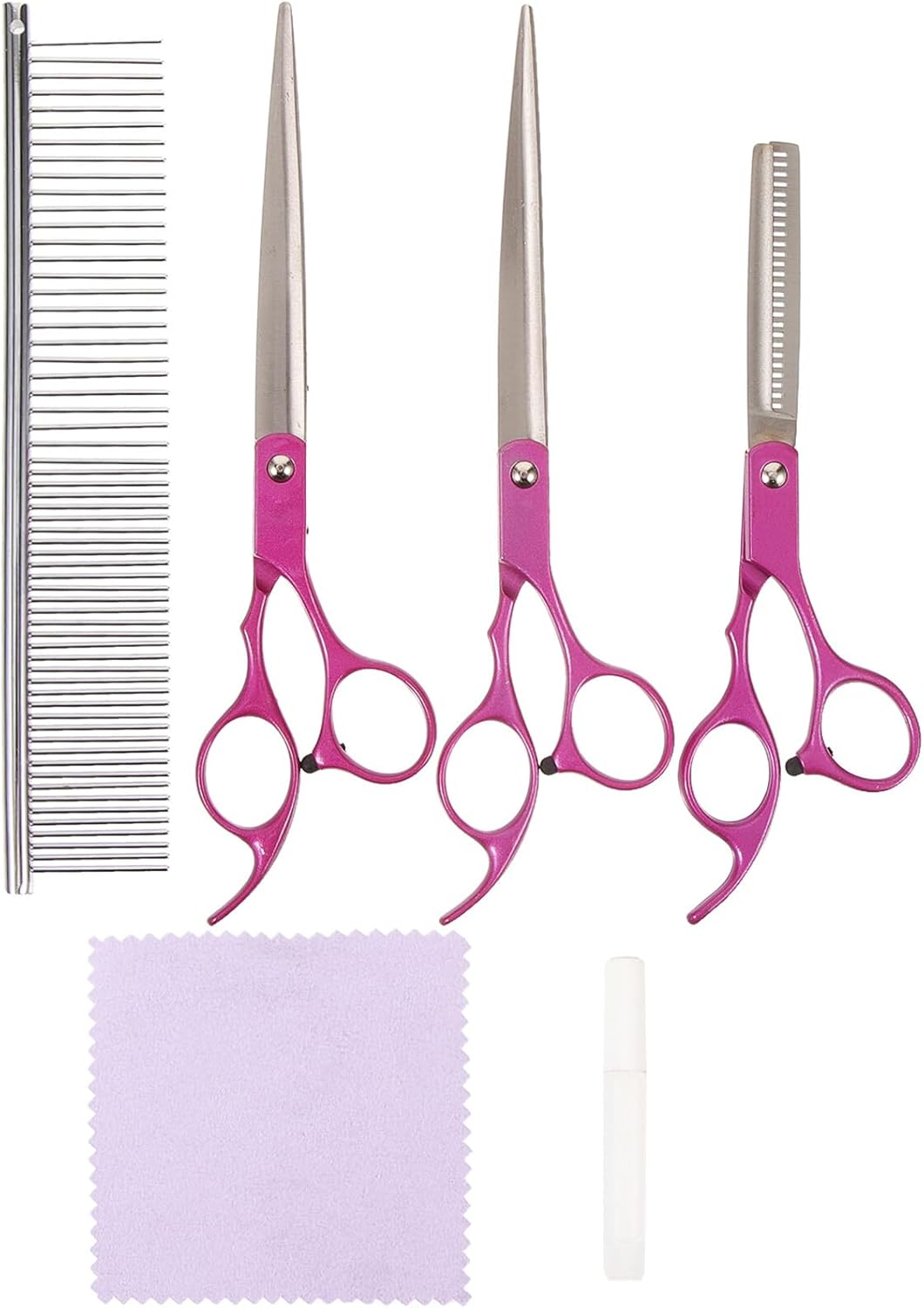 Professional Dog Grooming Scissors Set 3pcs 7-inch Curved and Straight Pet Hair Cutting Scissors with Comb Rose Red for Dog Grooming Supplies