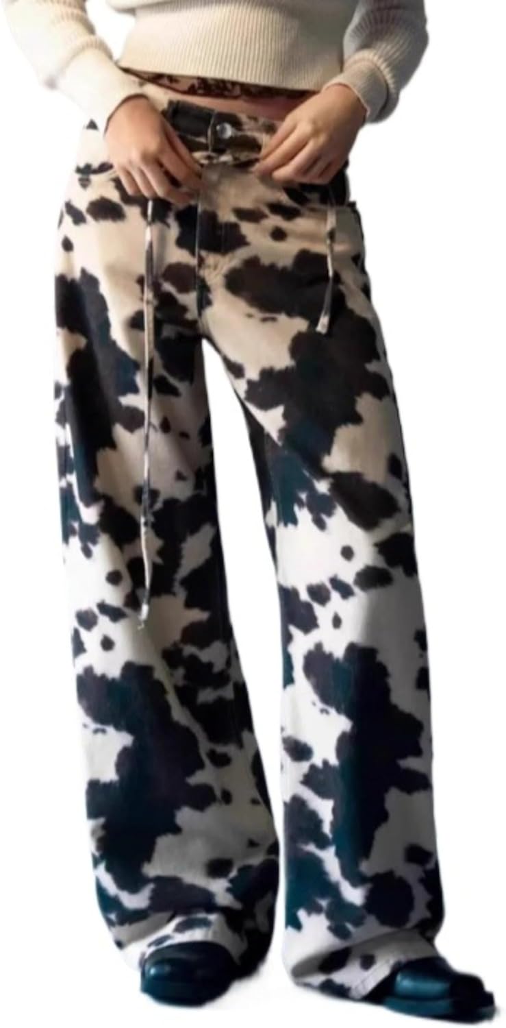 Deer Print Baggy Jeans Y2k Wide Leg Barrel Jeans Women Vintage Cute Pants Whimsy Twee Clothes