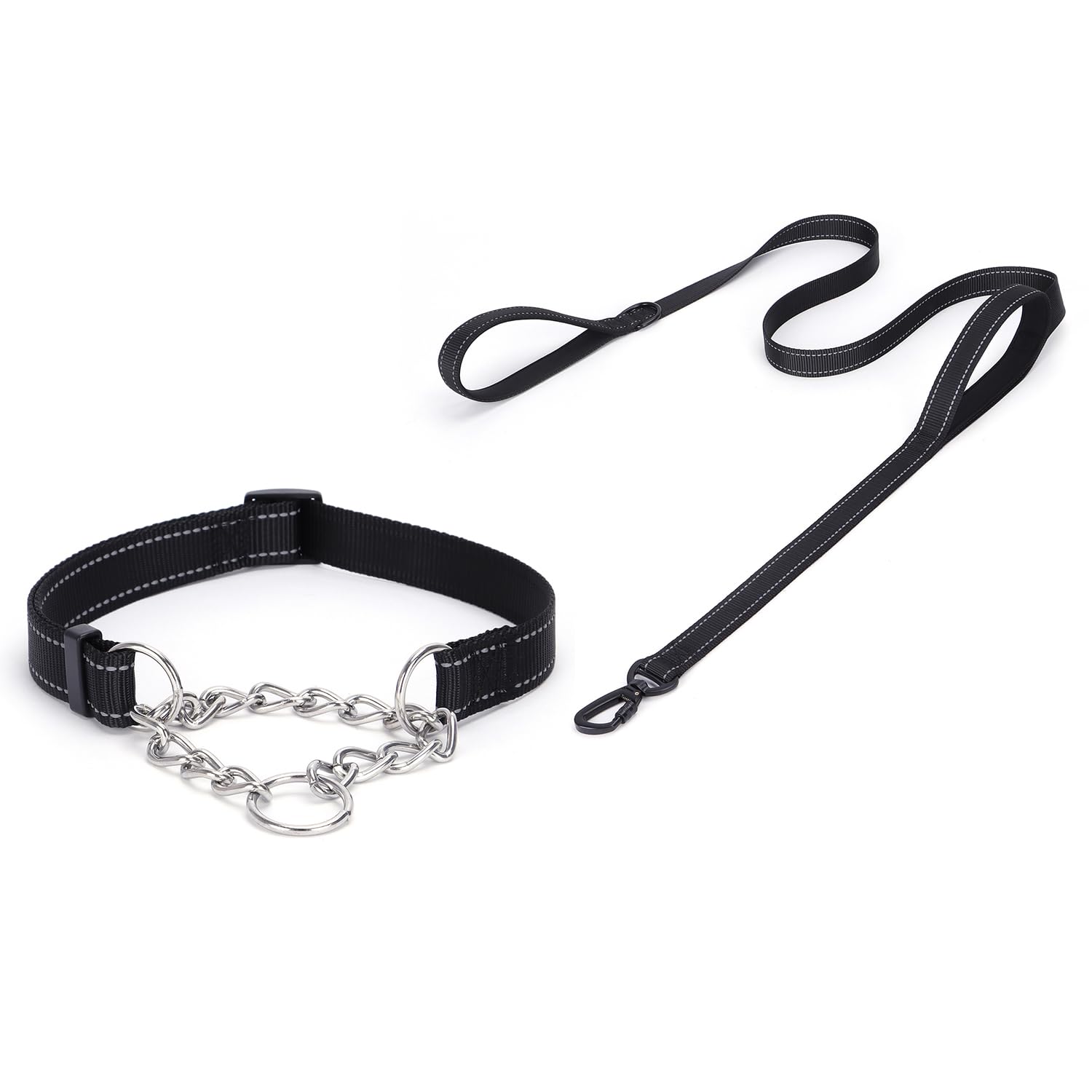 haoyueer Martingale Dog Collar with Stainless Steel Chain and Leash Set, Martingale Collar with Reflective, 5FT Double Handle Dog Leash Padded,