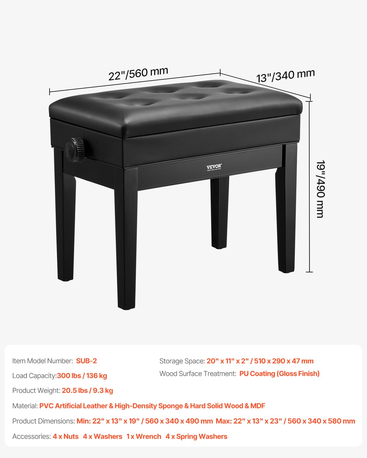 VEVOR Panca per Pianoforte 560 x 340 x 490 mm Sedia per Tastiera con Altezza Regolabile, Cuscino Imbottito, Scomparto Portaoggetti per Libri di Musica, Sgabello per Pianoforte in Legno, per Toeletta